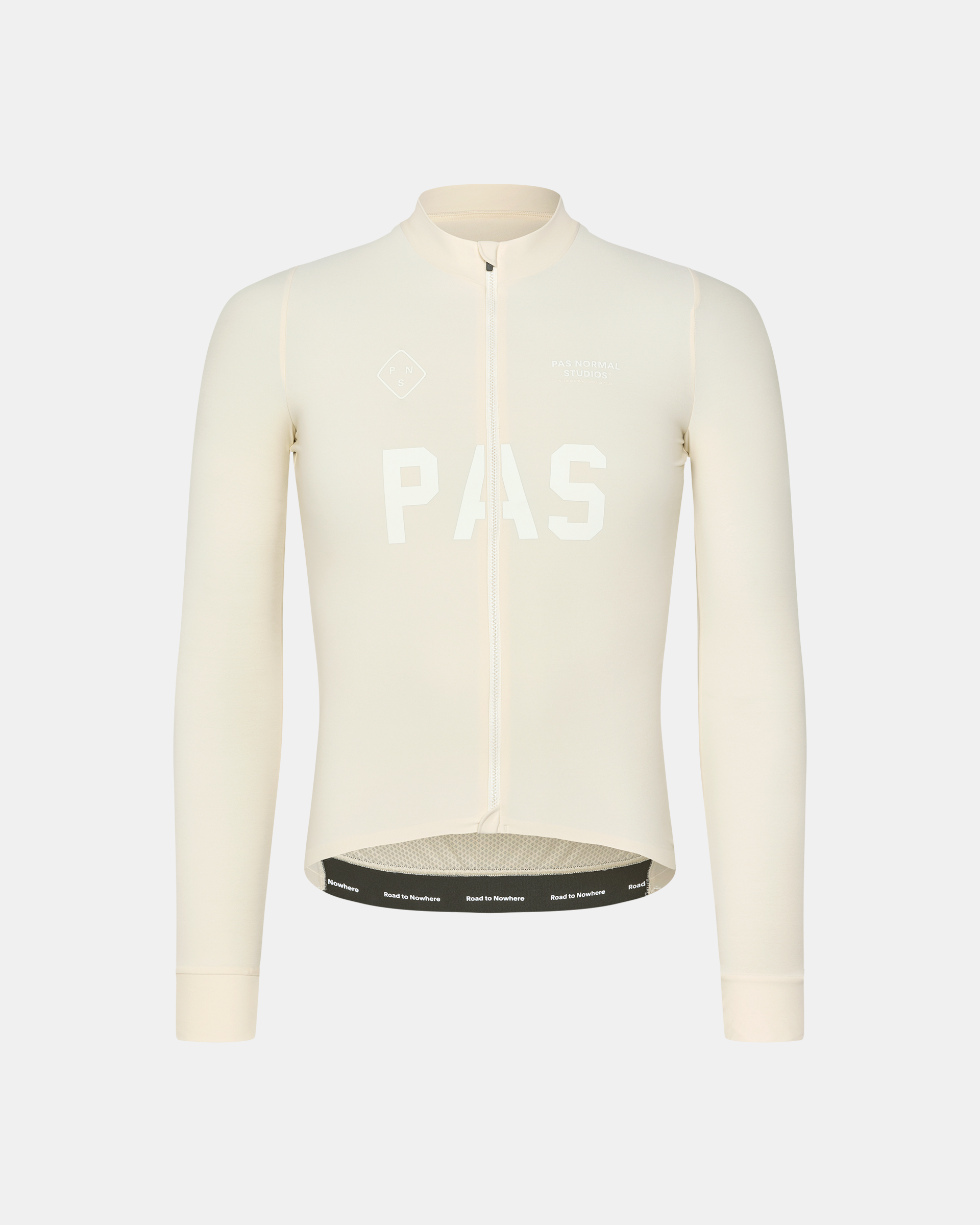 Sand PAS Mechanism long sleeve cycling jersey, front flat lay with tonal chest print and branded hem band