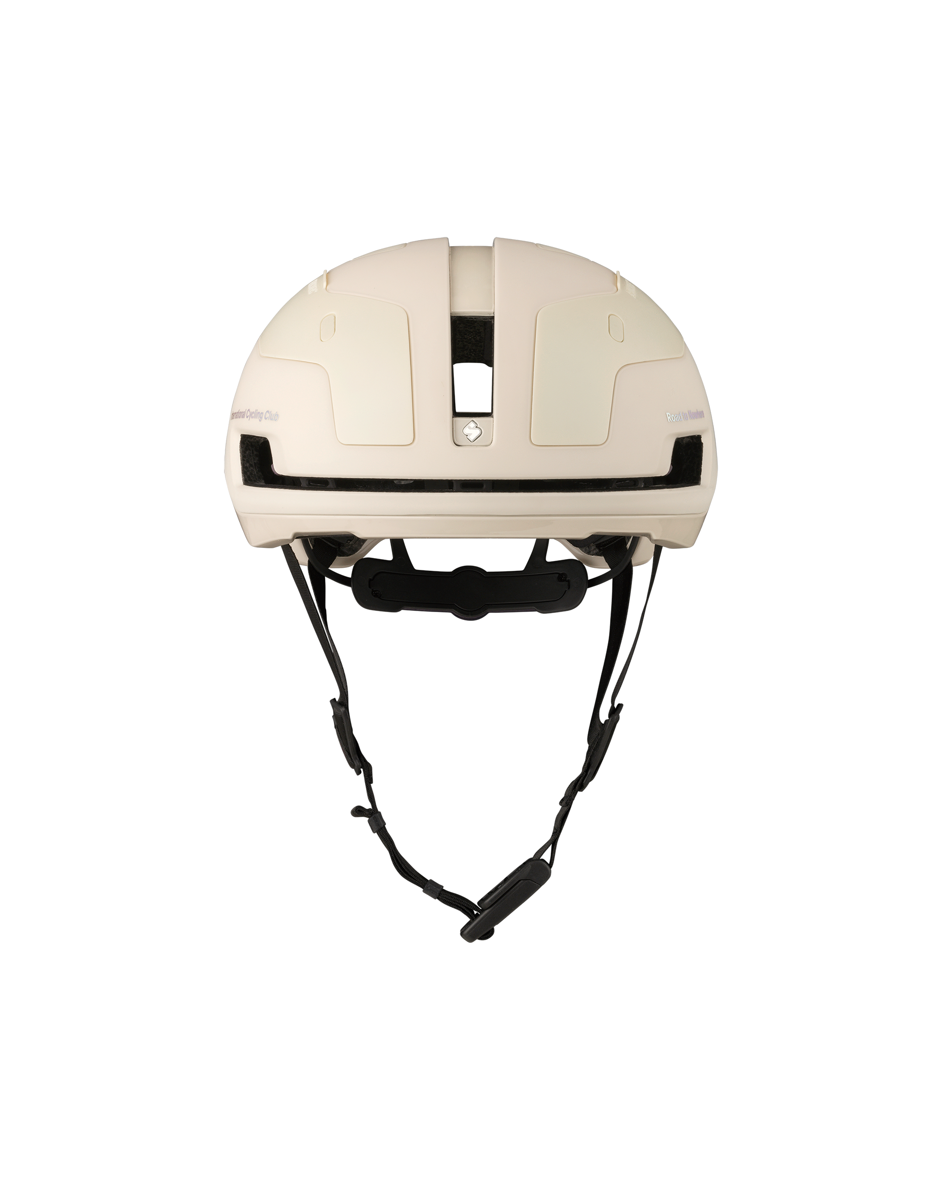 Off White Sweet Protection Falconer Aero 2Vi Round Fit cycling helmet, front view with black chin strap