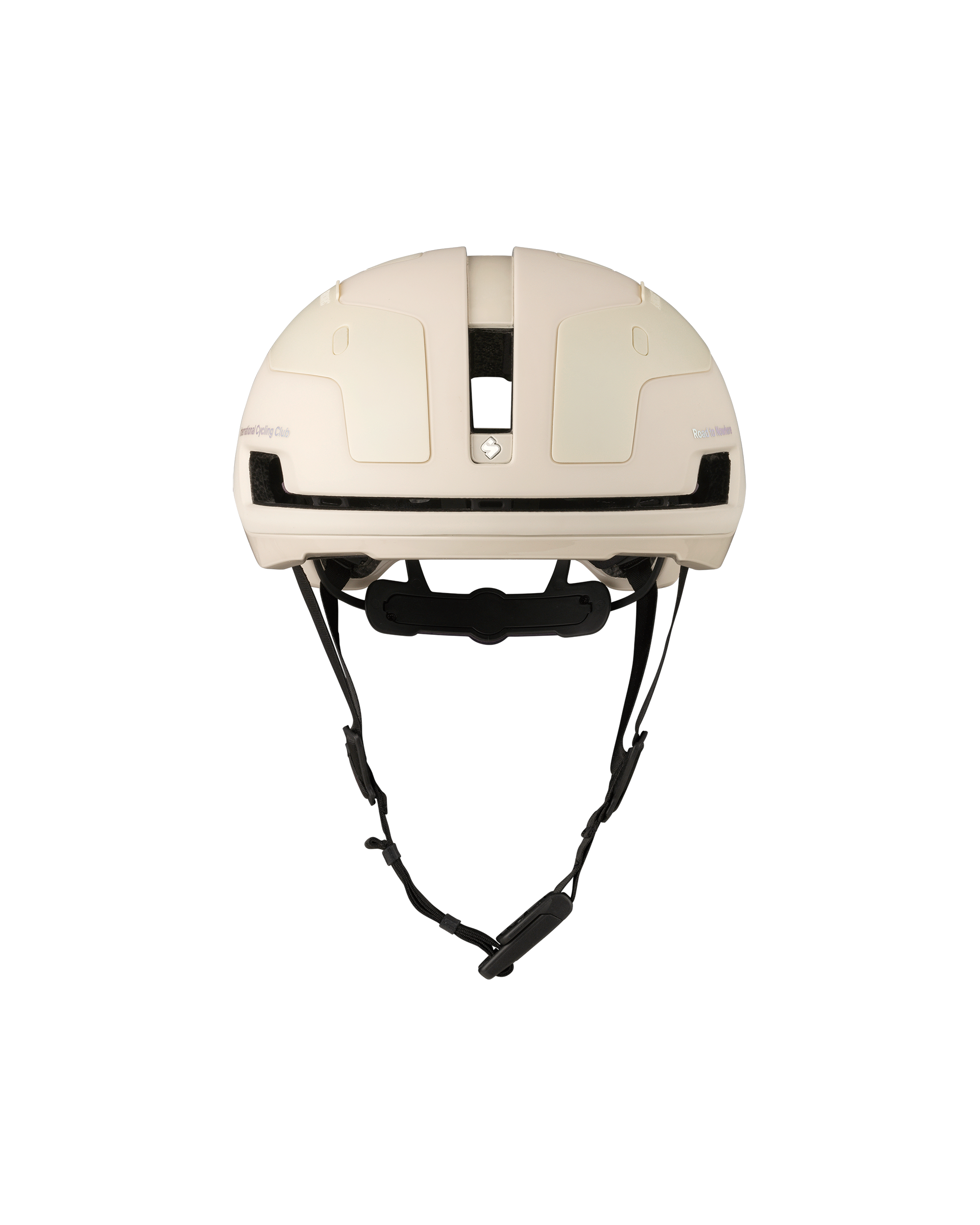 Off White Sweet Protection Falconer Aero 2Vi Round Fit cycling helmet, front view with black chin strap