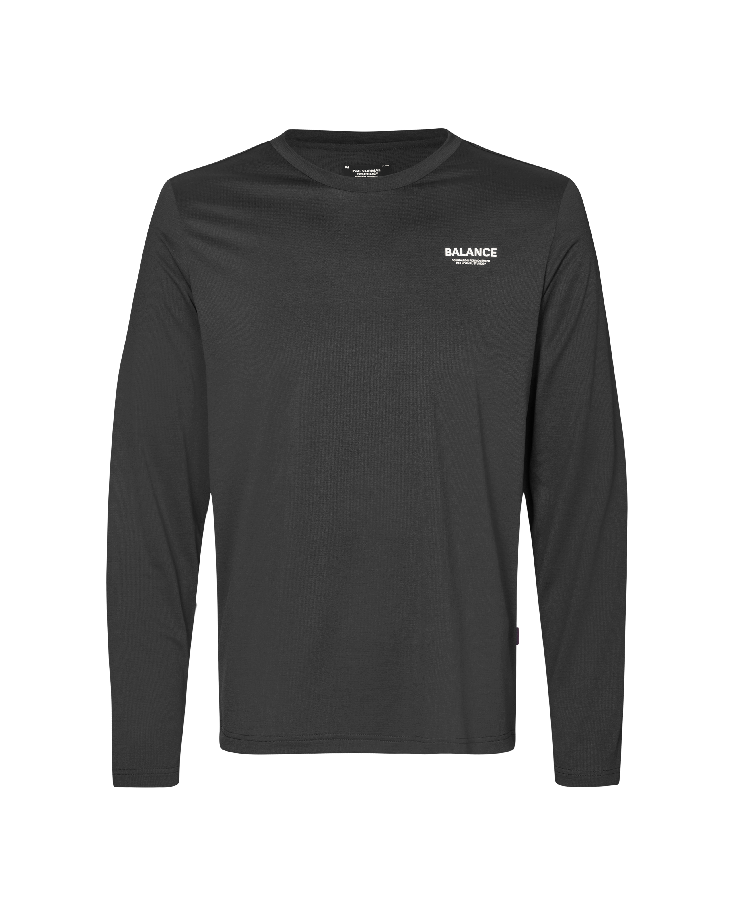 Black Balance long sleeve t-shirt, front view with white chest logo