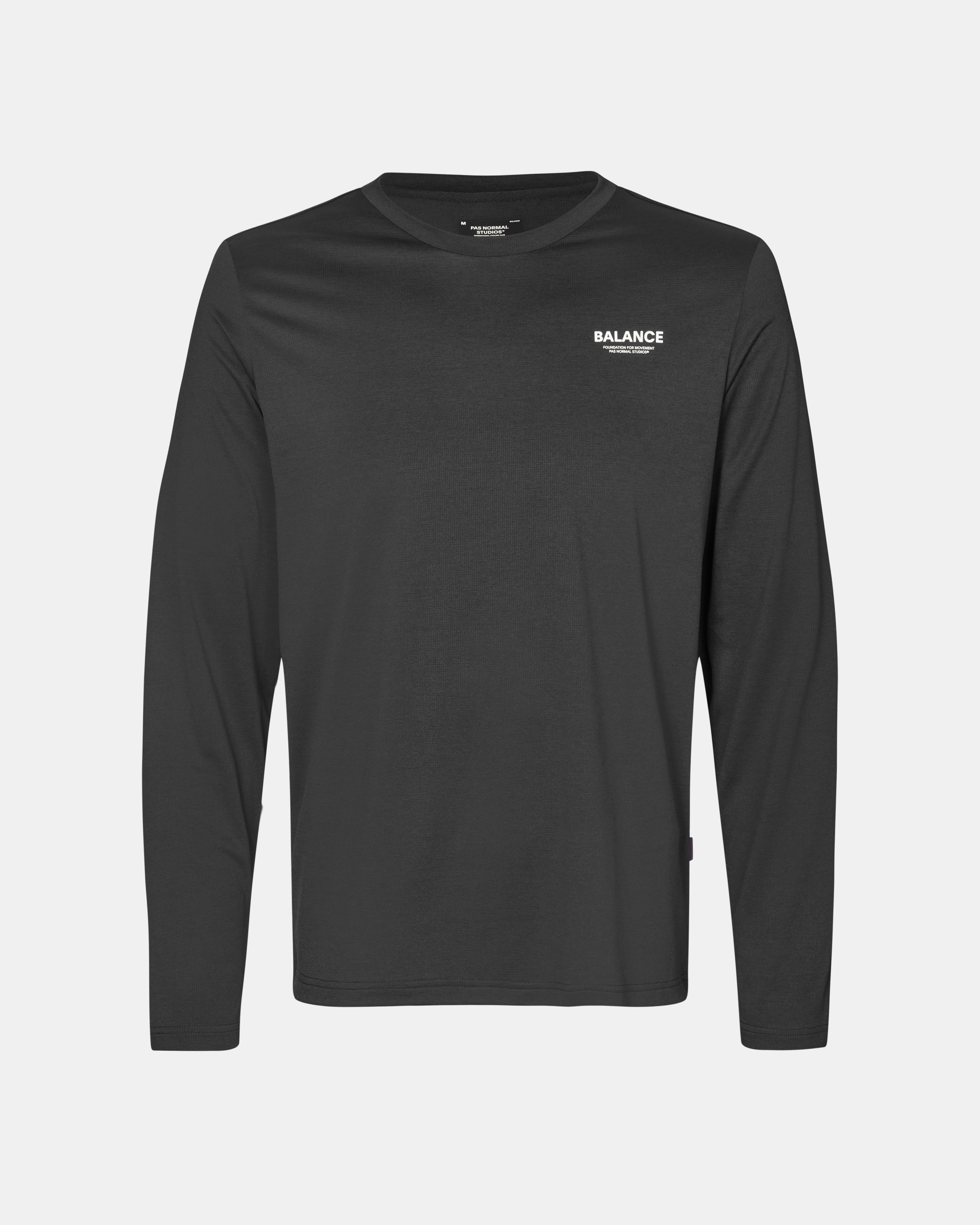 Black Balance long sleeve t-shirt, front view with white chest logo