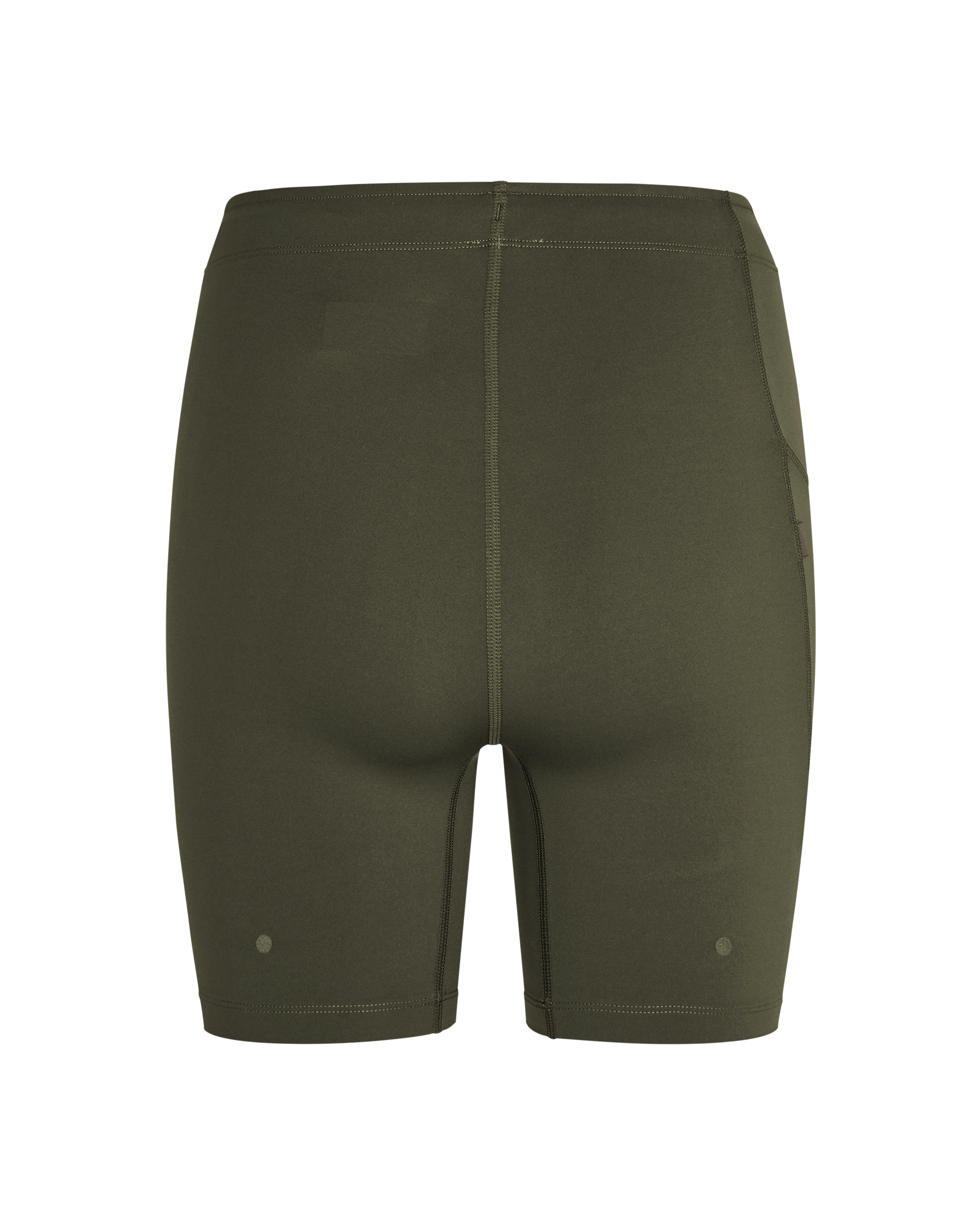 Dark Olive Balance short tights, rear flat lay with contrast stitching