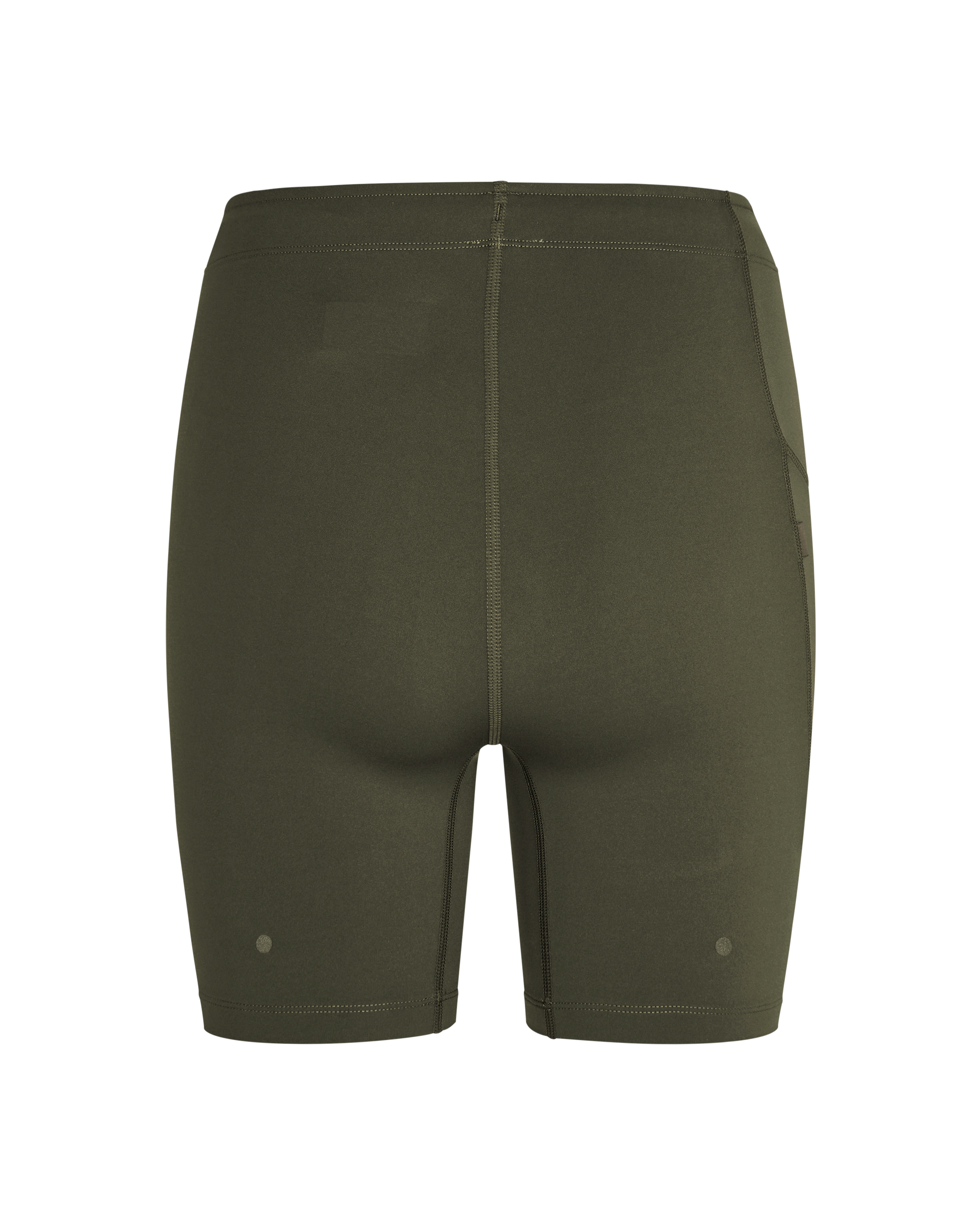 Dark Olive Balance short tights, rear flat lay with contrast stitching