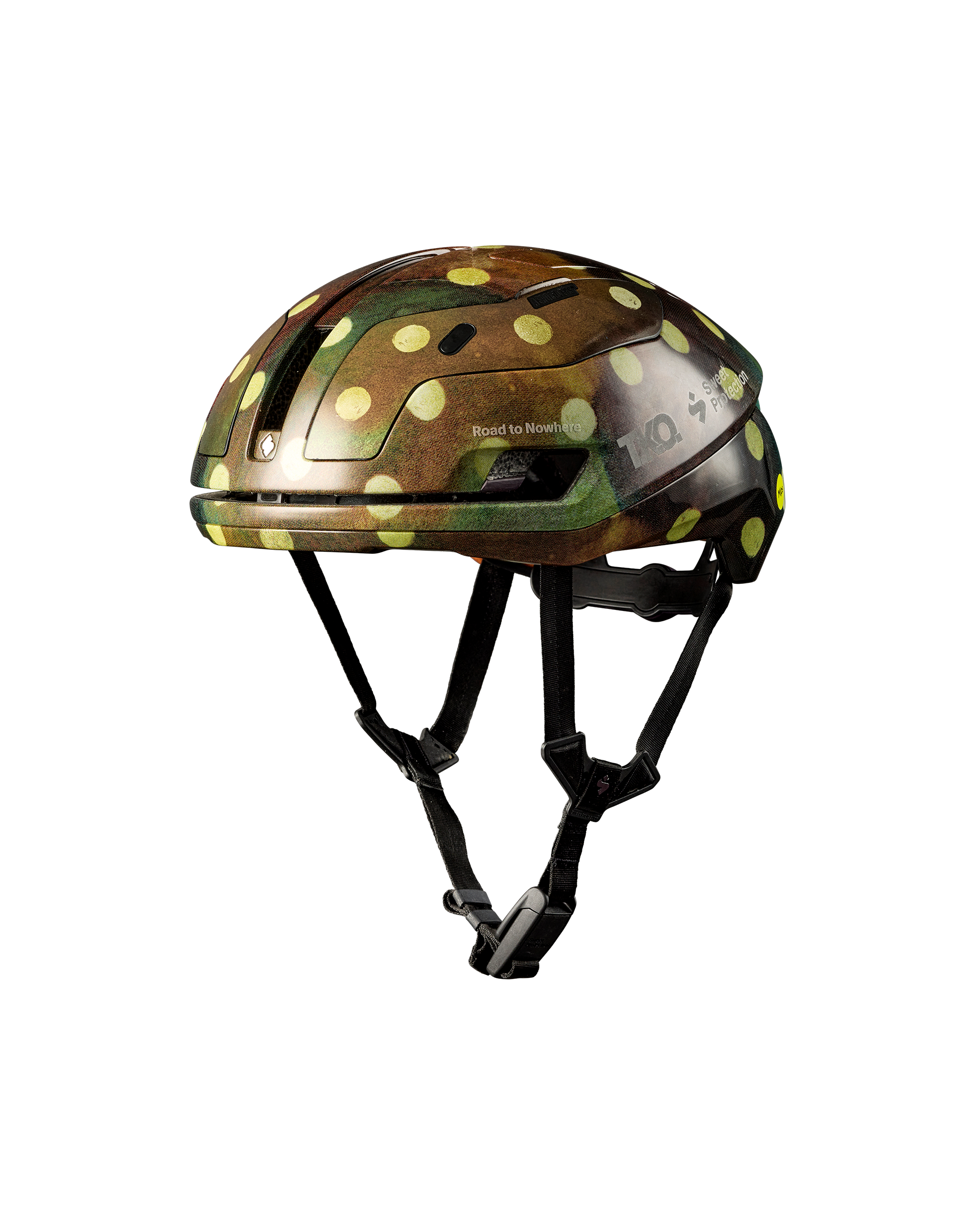 Brown T.K.O. Falconer Aero 2Vi cycling helmet, three-quarter view with yellow polka dot pattern