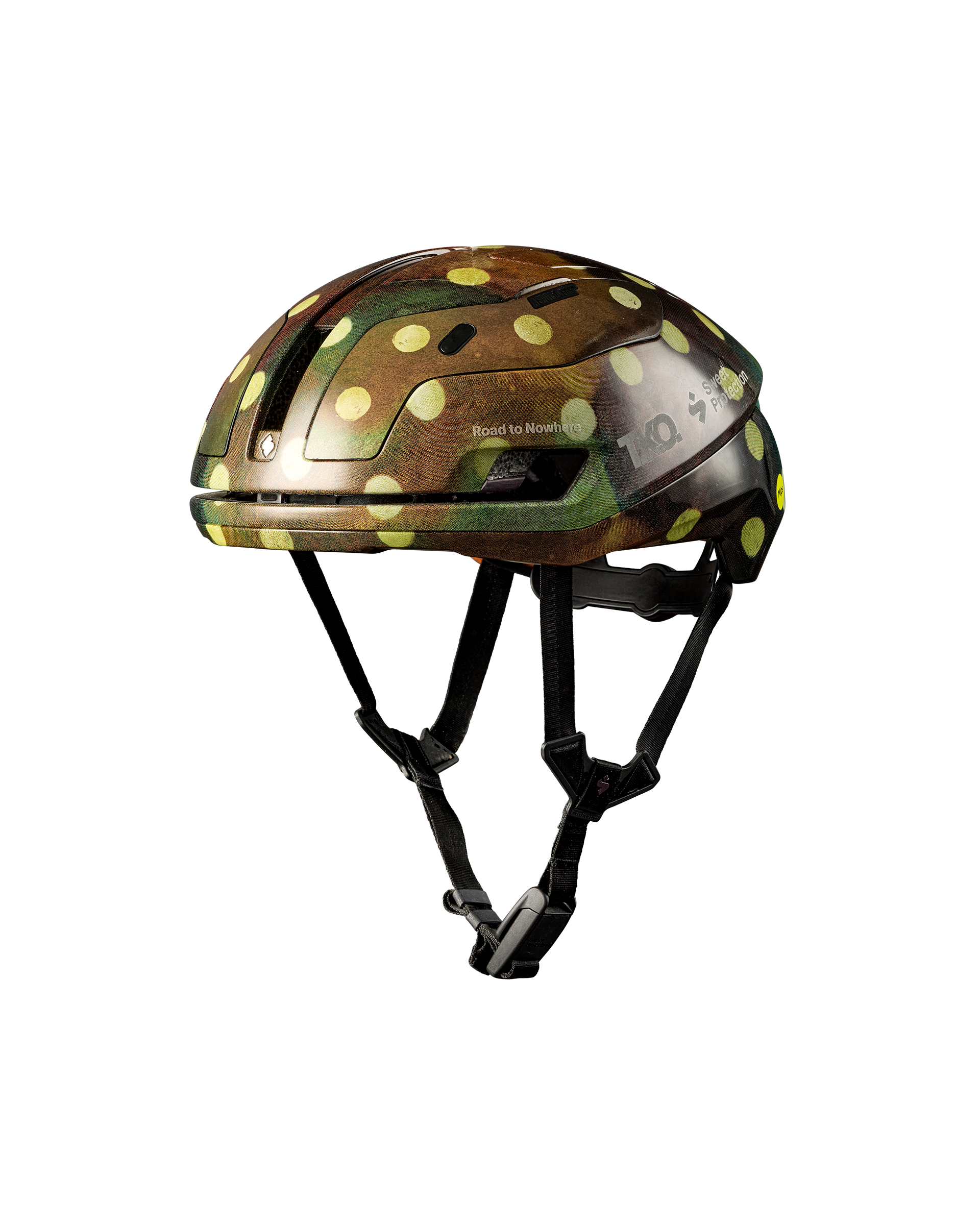 Brown T.K.O. Falconer Aero 2Vi cycling helmet, three-quarter view with yellow polka dot pattern