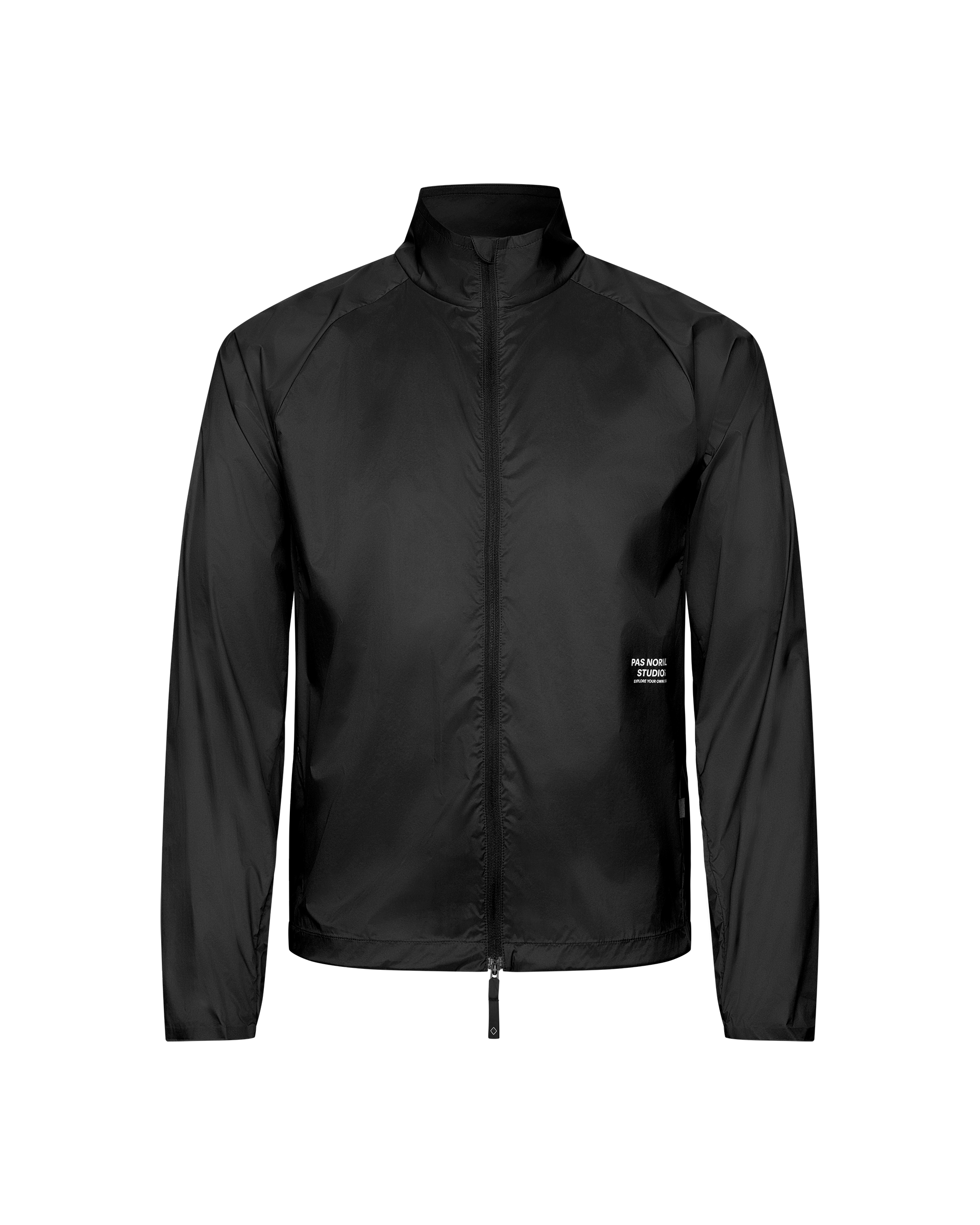 Black Balance Windproof jacket, front flat lay with full zip and white label print