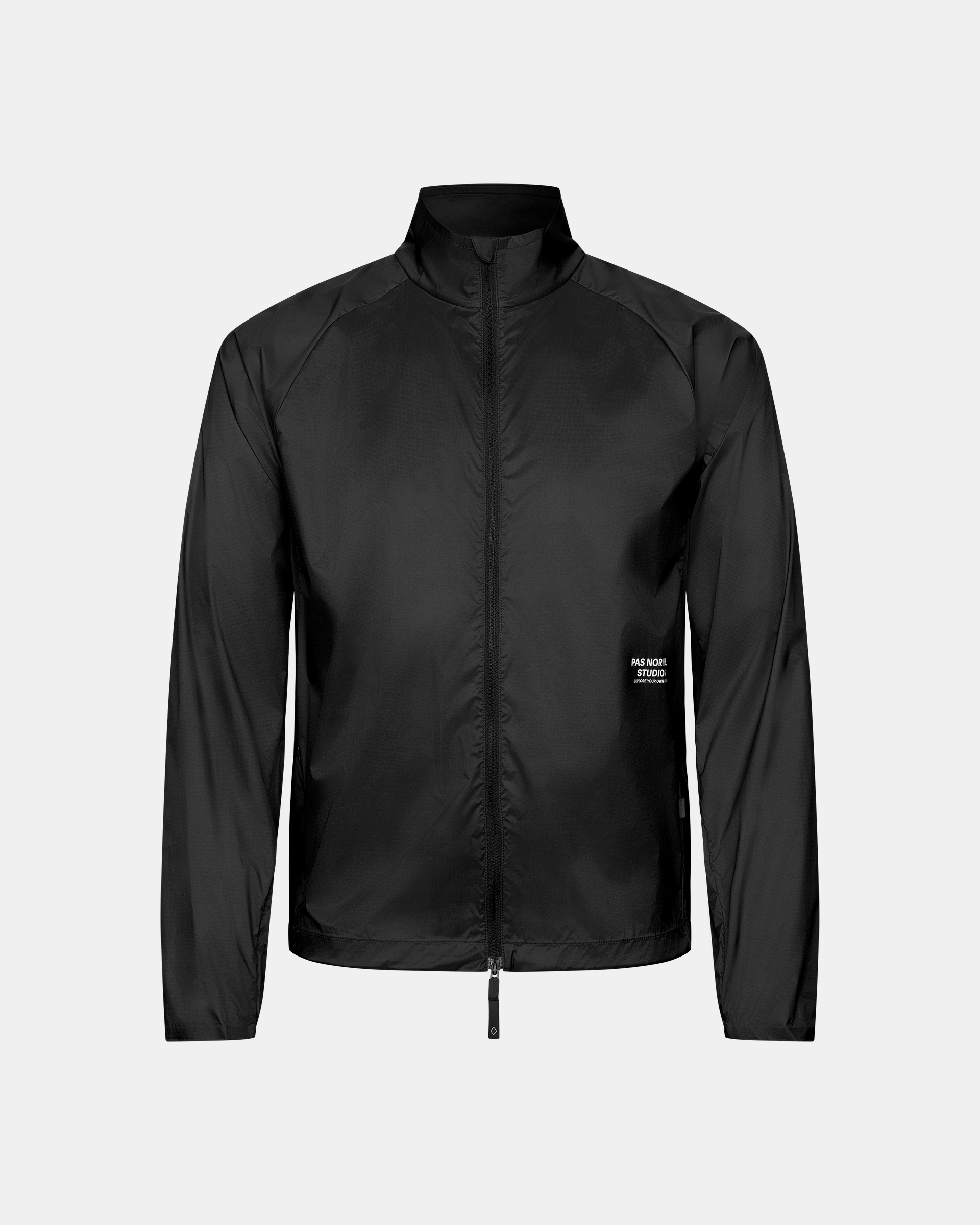 Black Balance Windproof jacket, front flat lay with full zip and white label print
