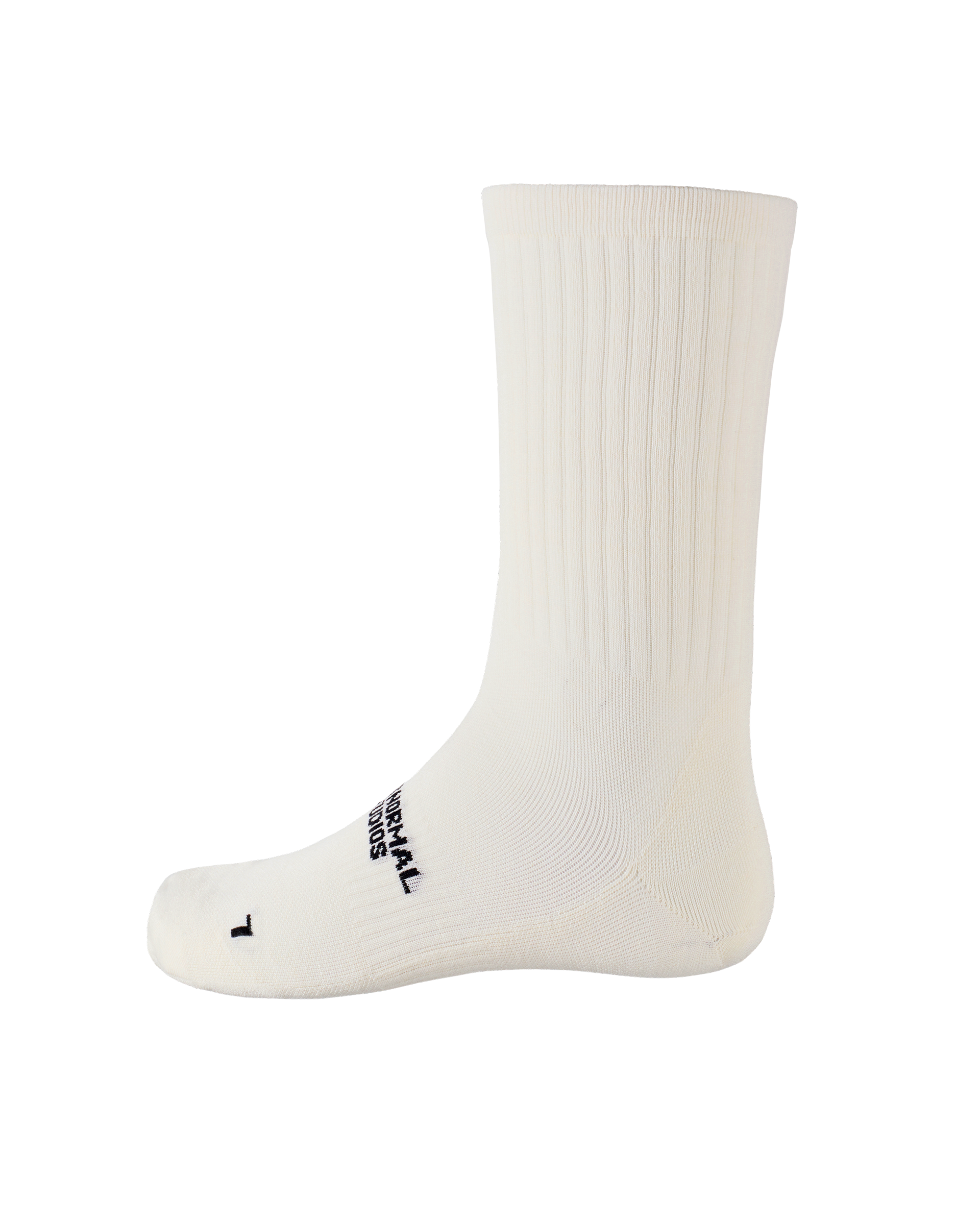 Off White Off-Race cycling socks, side view with ribbed cuff and black logo print