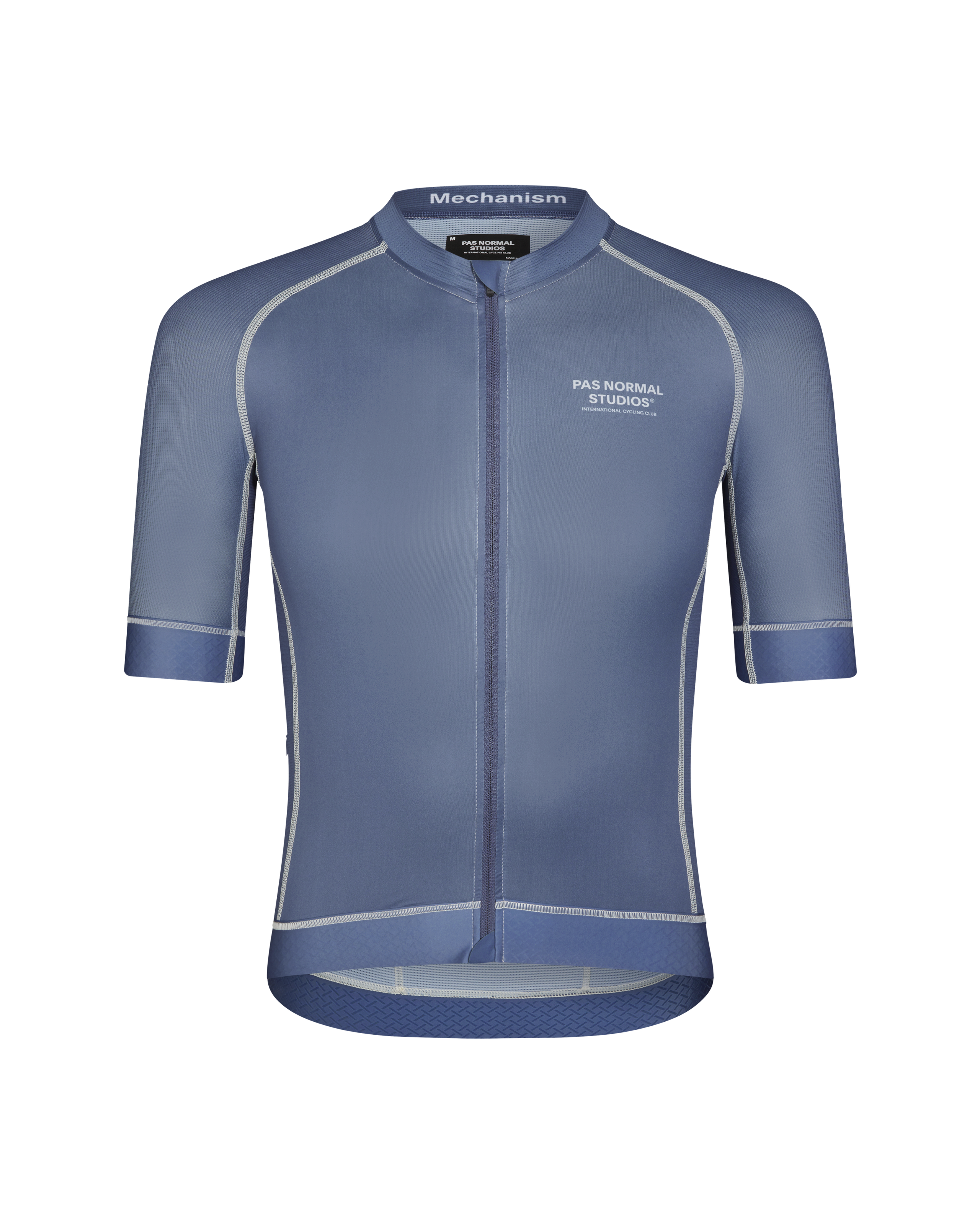Light Indigo Mechanism cycling jersey, front view with contrast stitching and textured hem panel