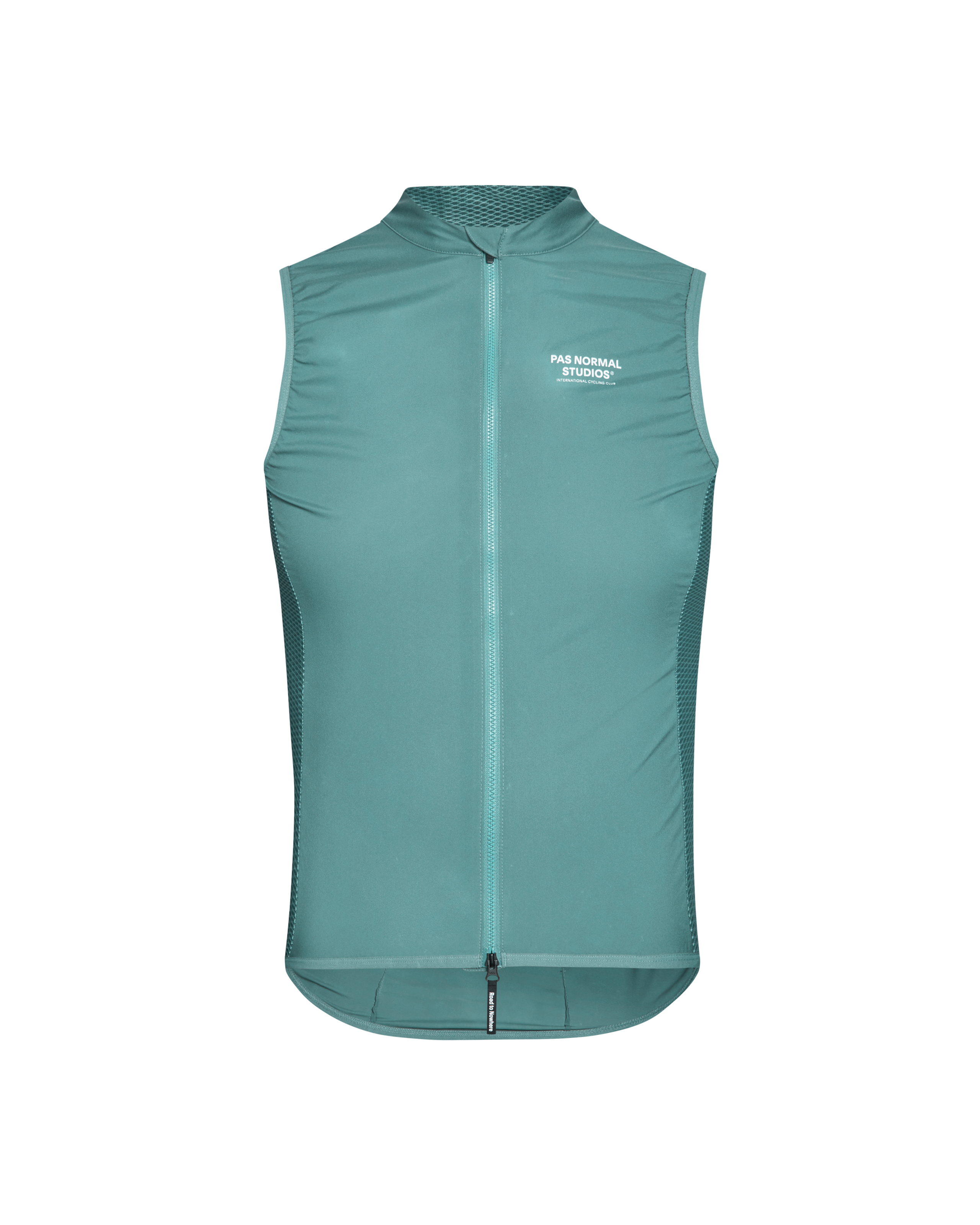 Grey Teal Mechanism Stow Away gilet, front view with mesh collar and side panels