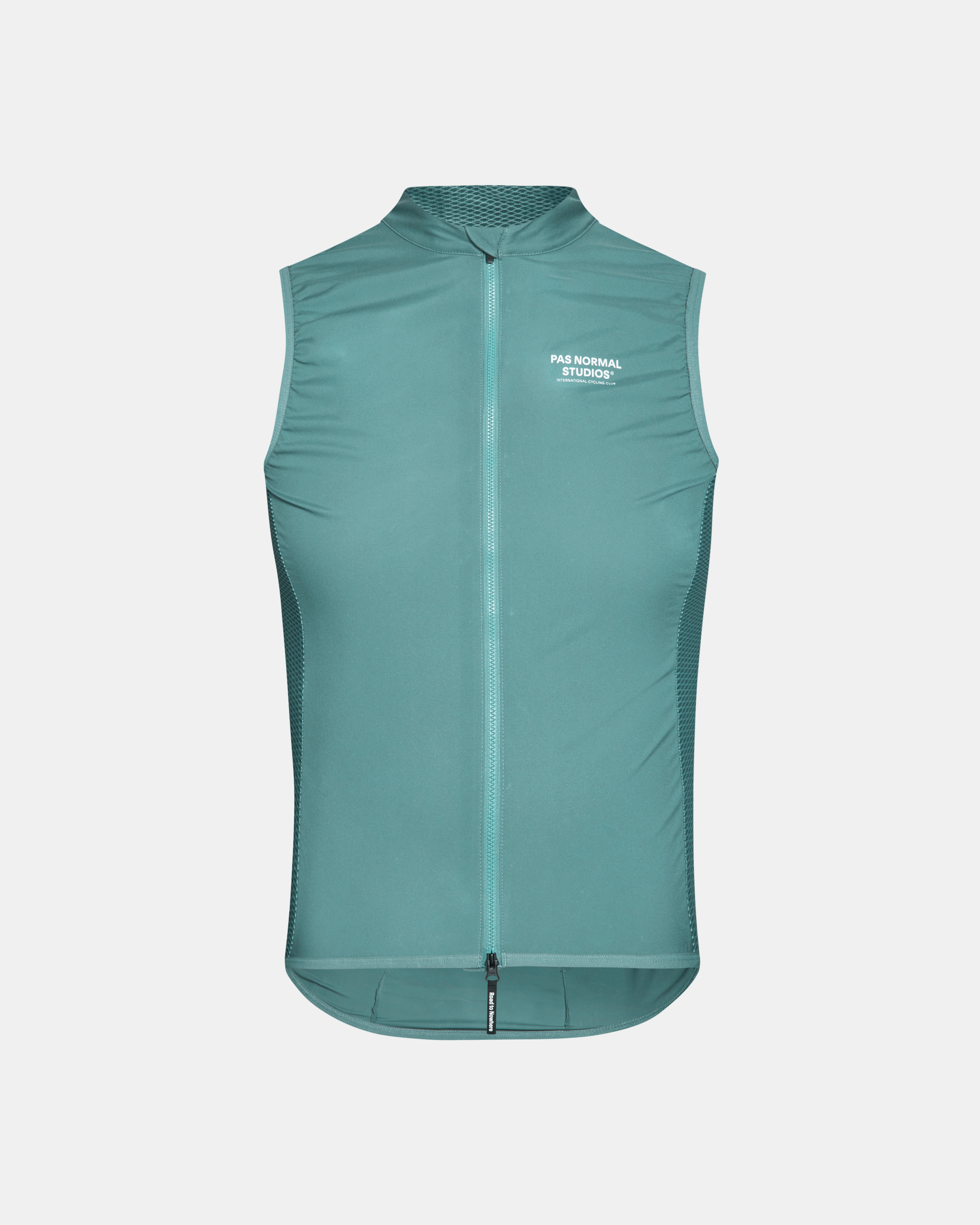 Grey Teal Mechanism Stow Away gilet, front view with mesh collar and side panels