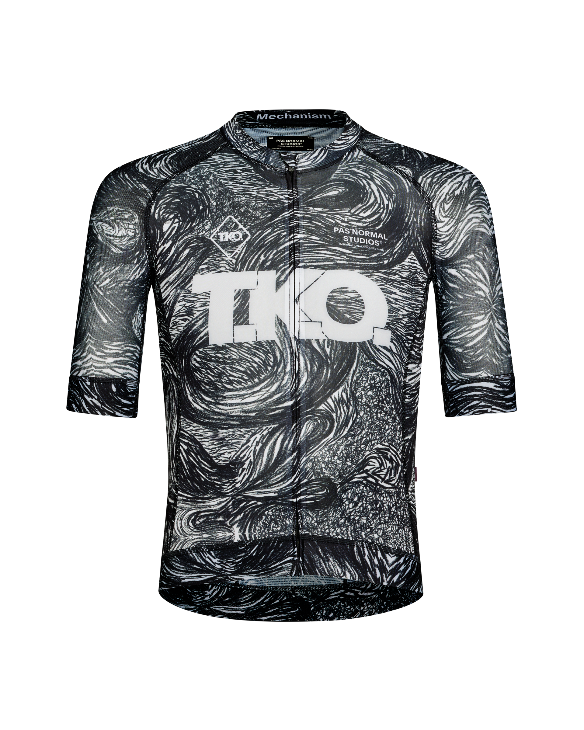 Iron Grey T.K.O. Mechanism cycling jersey, front flat lay with swirling black and white all-over print and chest logo