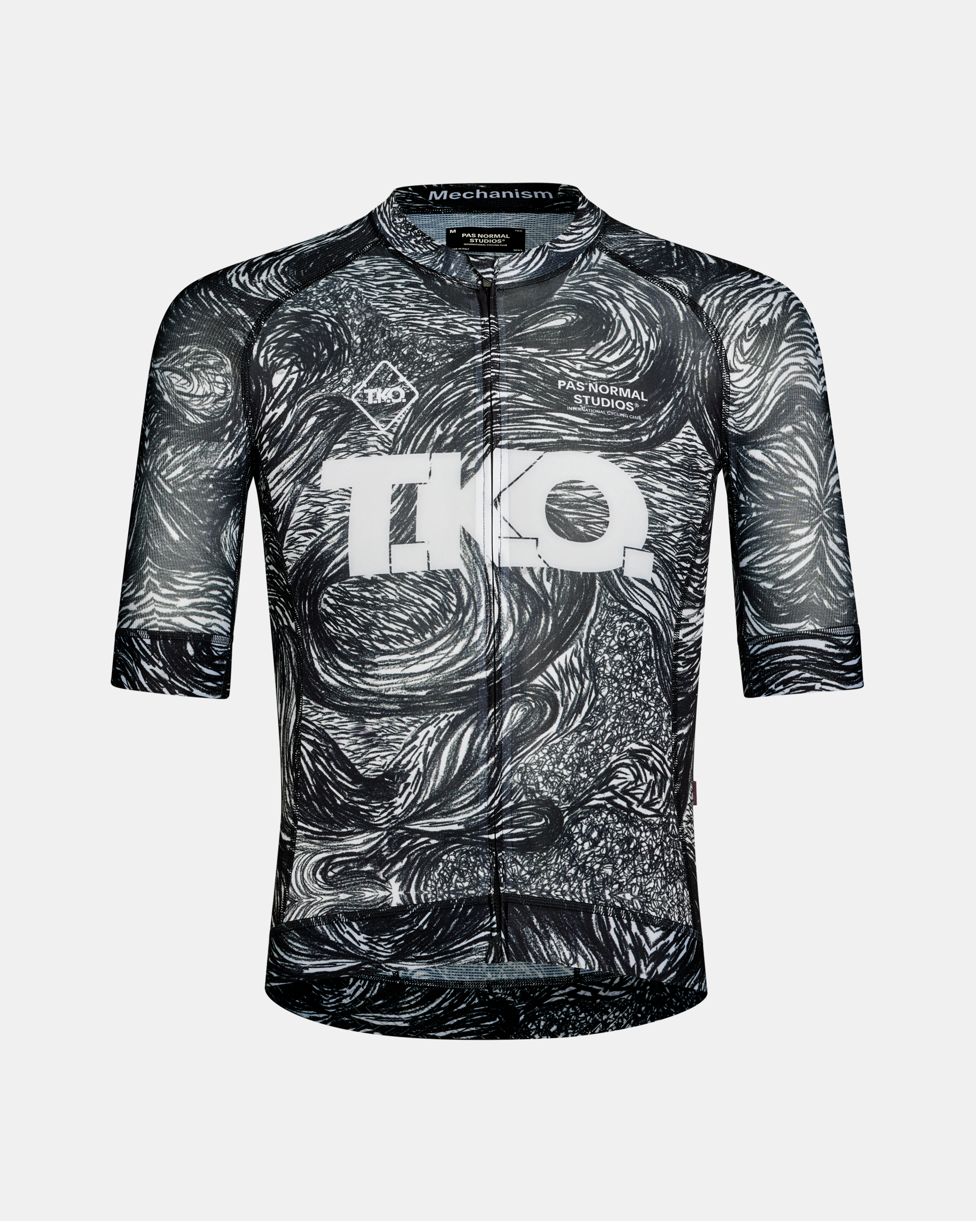 Iron Grey T.K.O. Mechanism cycling jersey, front flat lay with swirling black and white all-over print and chest logo