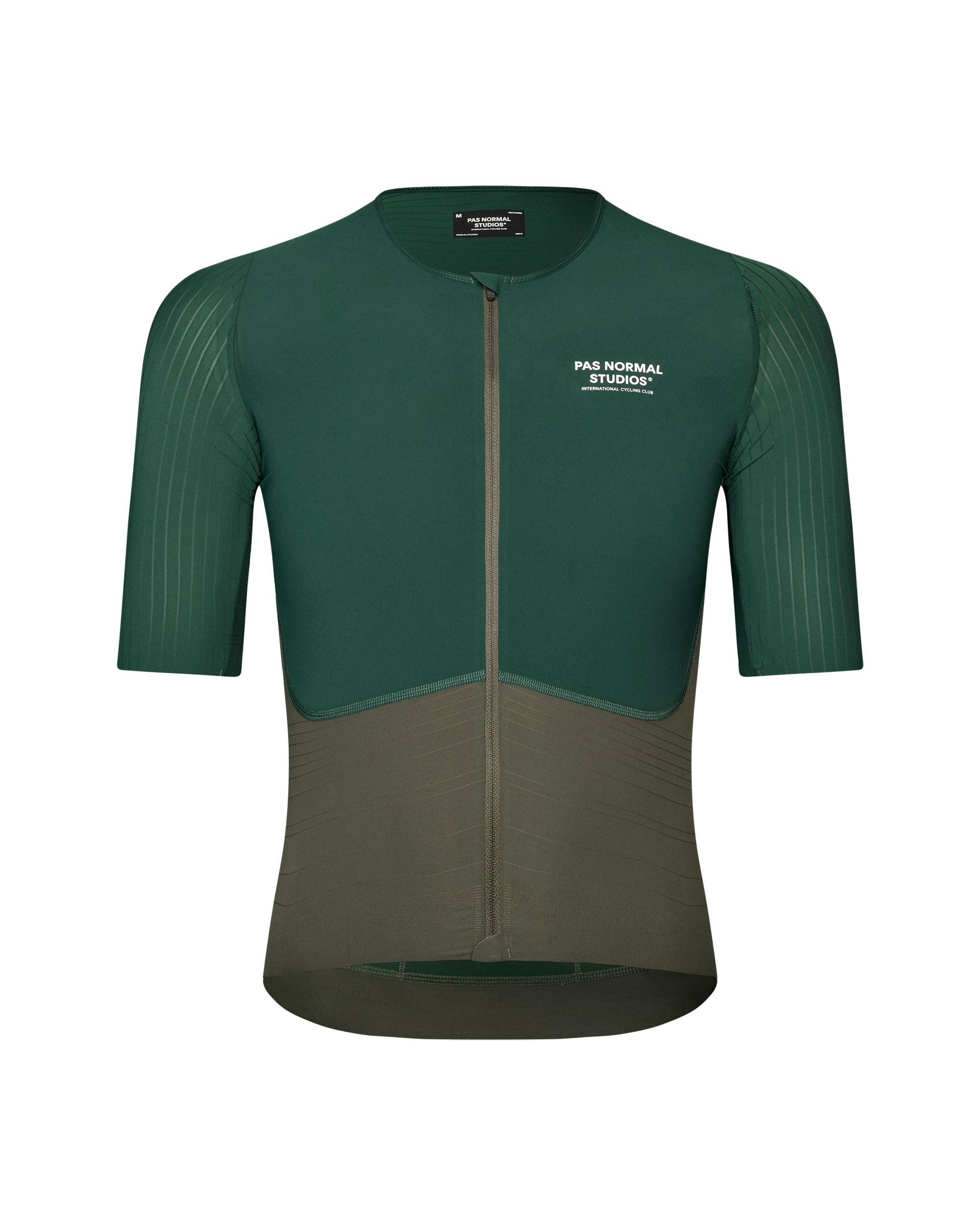 Green Mechanism Pro cycling jersey, front view with ribbed sleeves and color-blocked lower panel