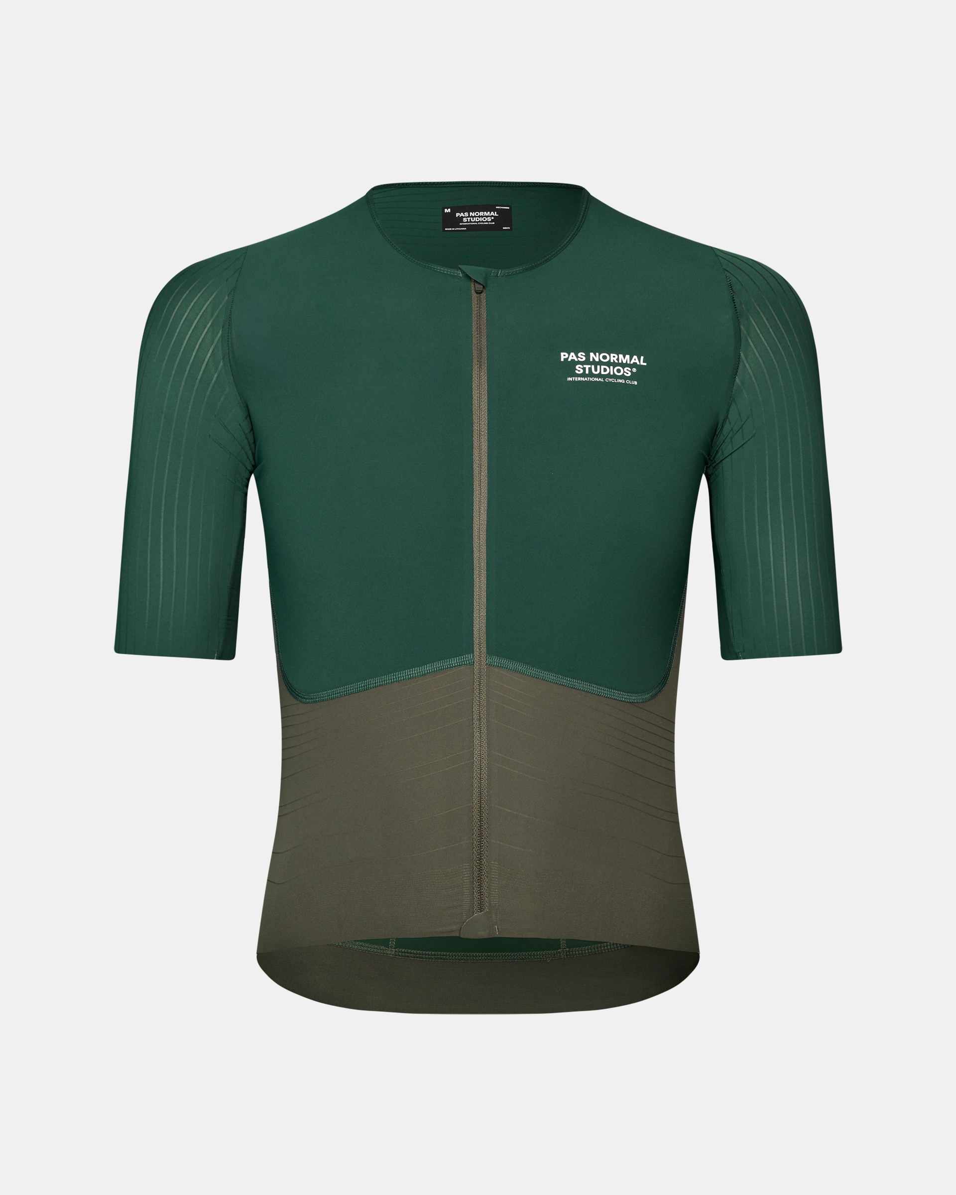 Green Mechanism Pro cycling jersey, front view with ribbed sleeves and color-blocked lower panel