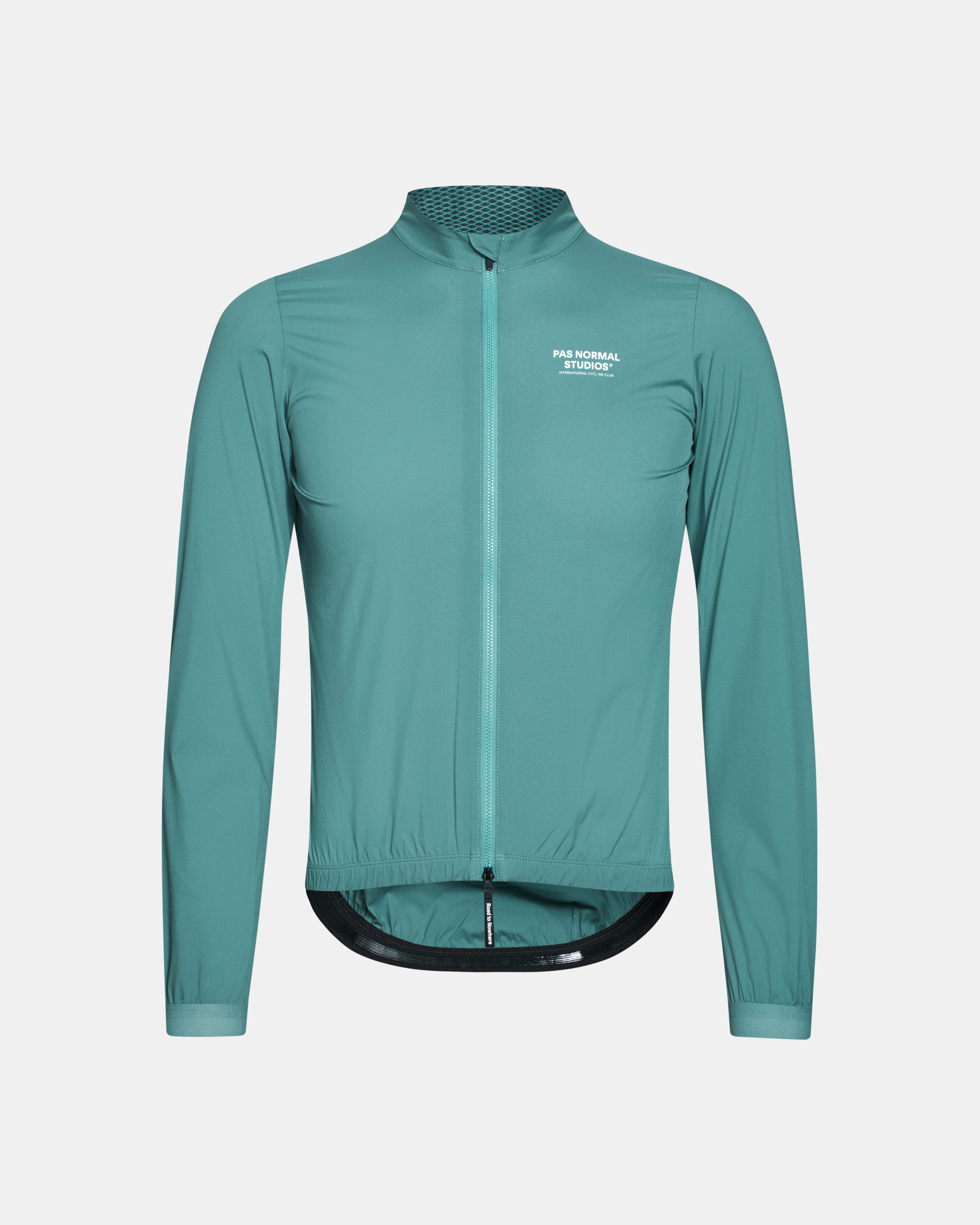 Teal Mechanism Stow Away jacket, front view with mesh collar panel and white chest logo