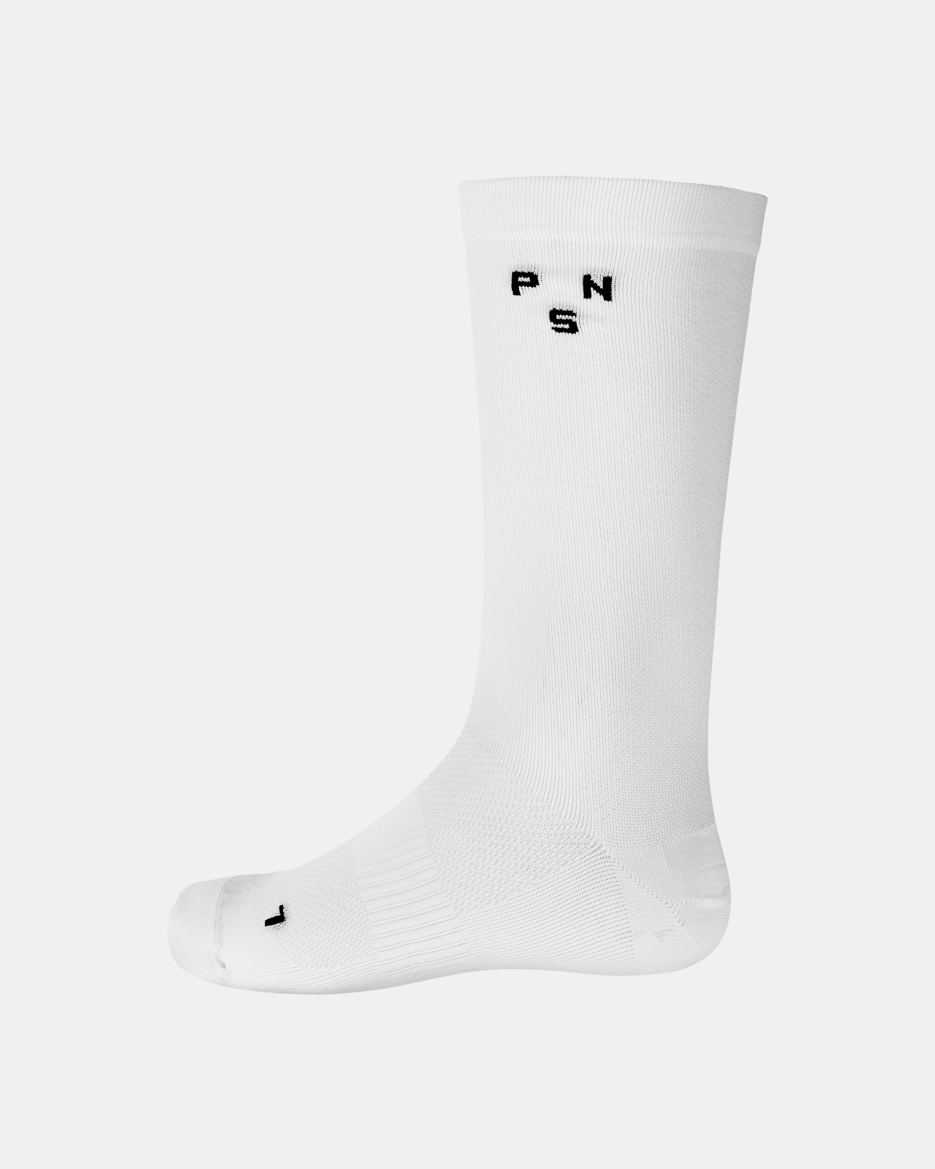 White Essential Race cycling socks, side view with black PNS logo