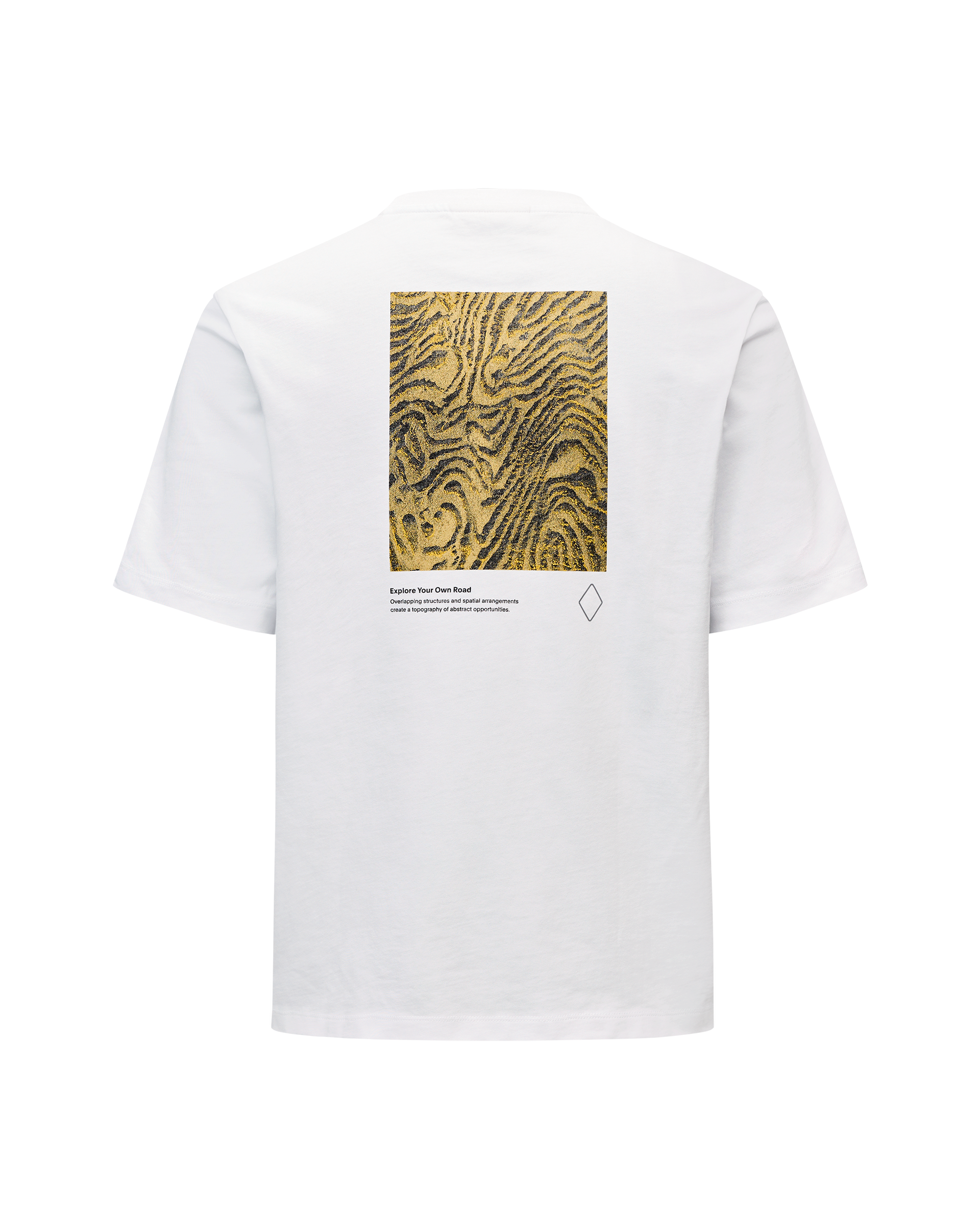 White Off-Race Graphic T-Shirt, rear flat lay with abstract topographic sand print
