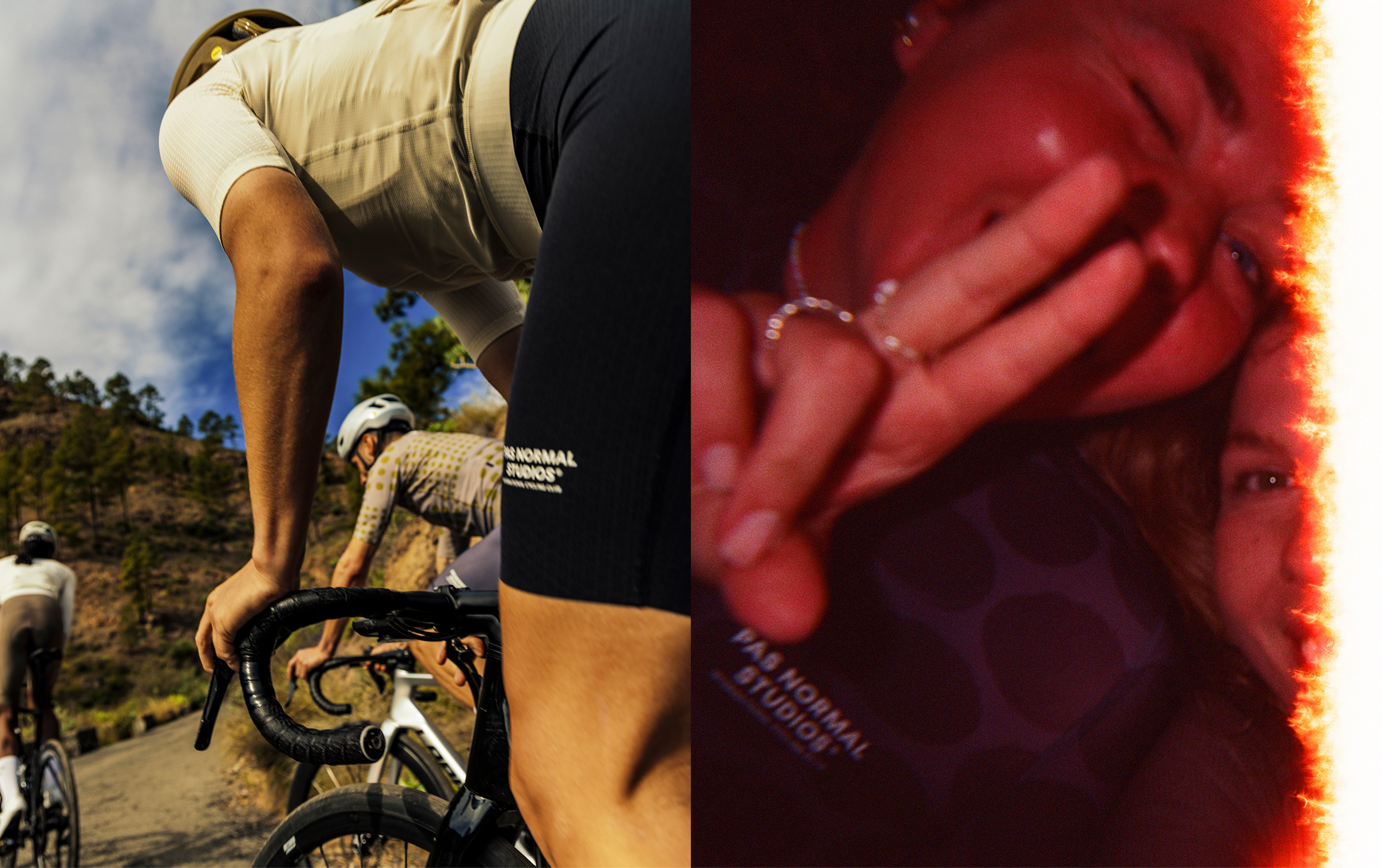 Split image: cyclist in cream jersey on mountain road, close-up of cycling glove grip detail