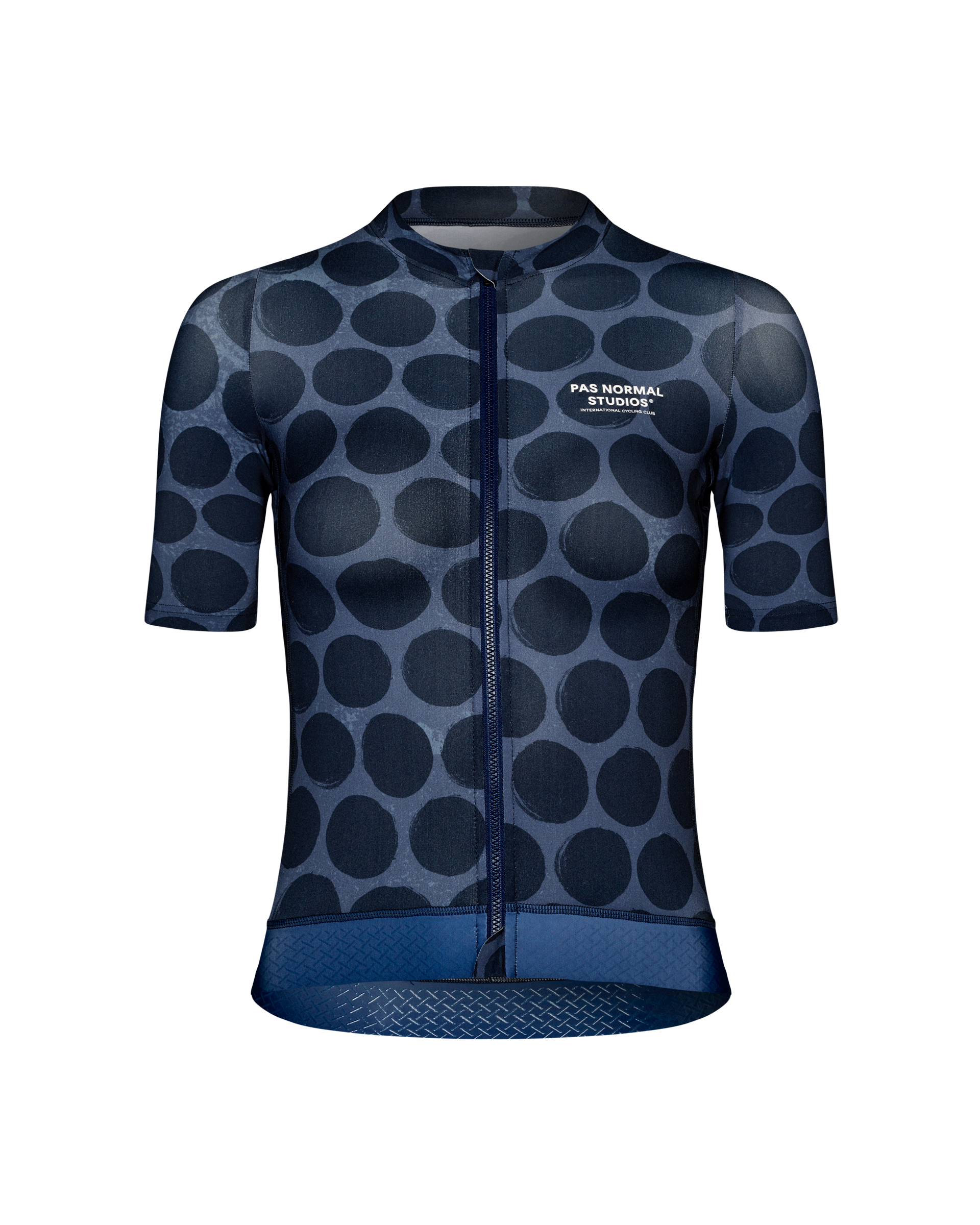 Navy Essential cycling jersey, front view with dark polka dot pattern