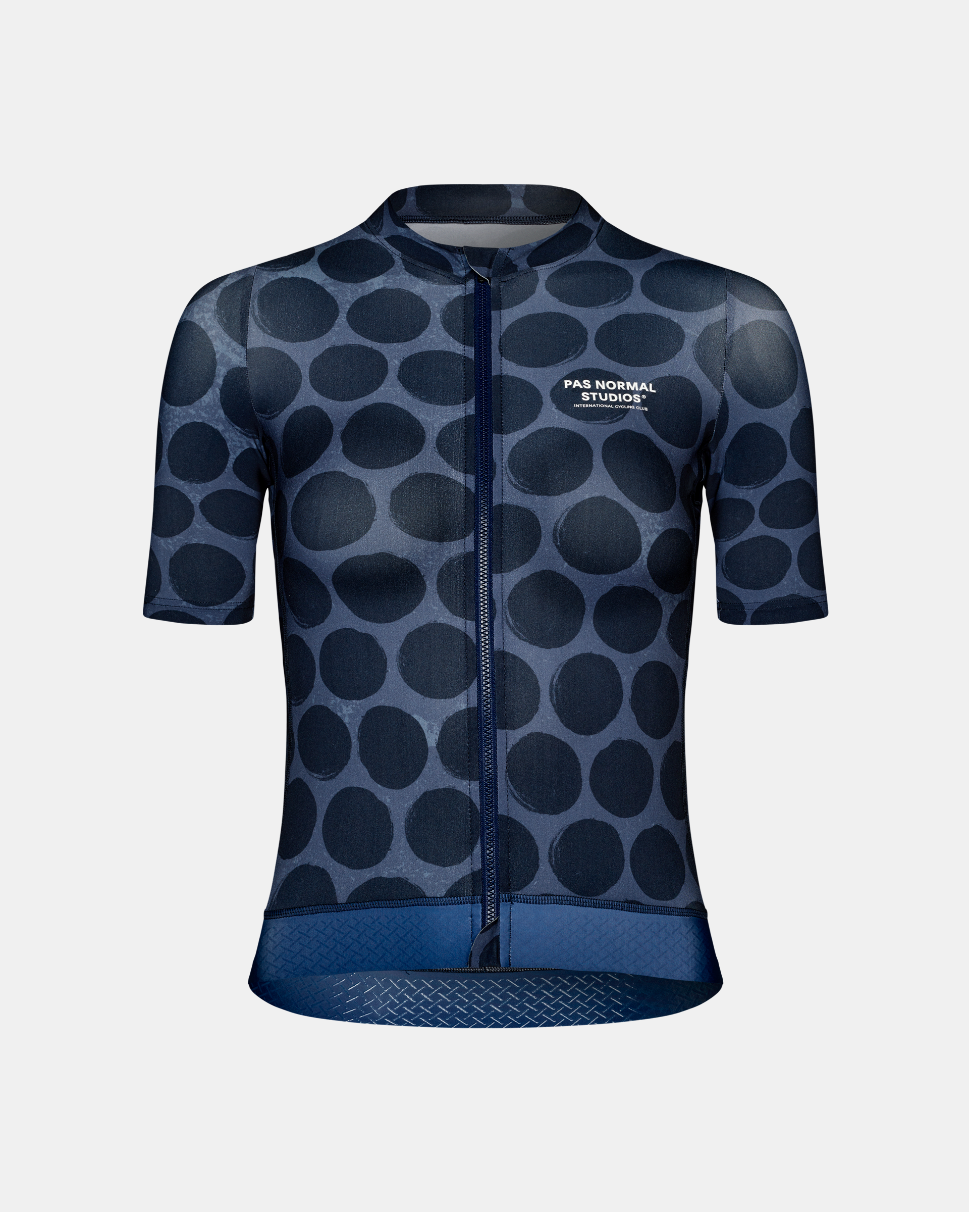 Navy Essential cycling jersey, front view with dark polka dot pattern
