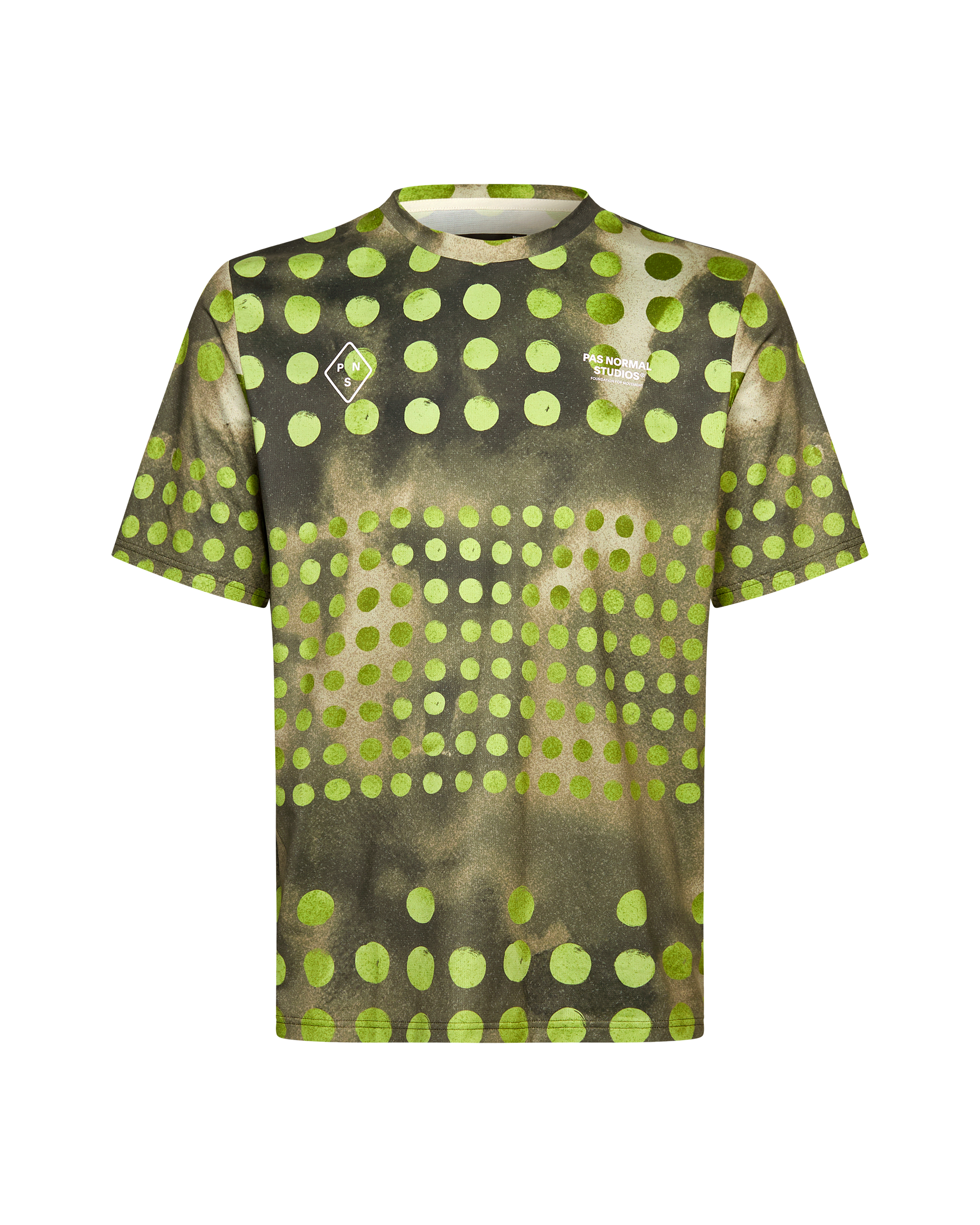 Green Balance T.K.O. t-shirt, front view with gradient polka dot print
