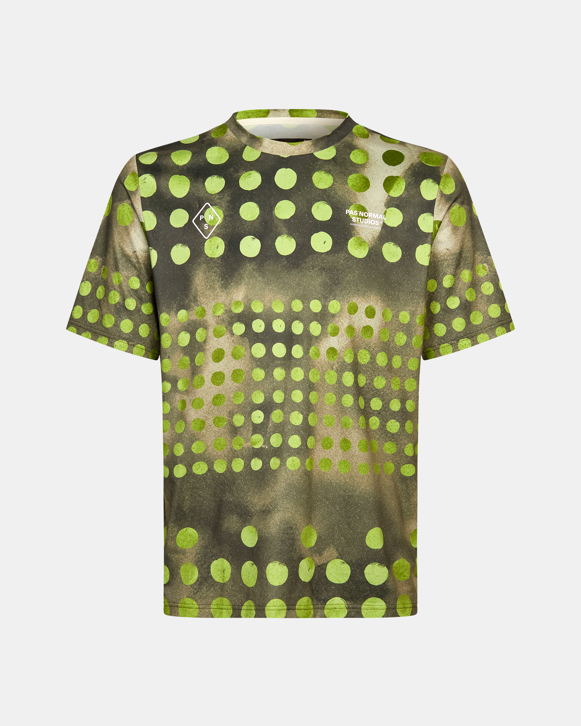 Green Balance T.K.O. t-shirt, front view with gradient polka dot print