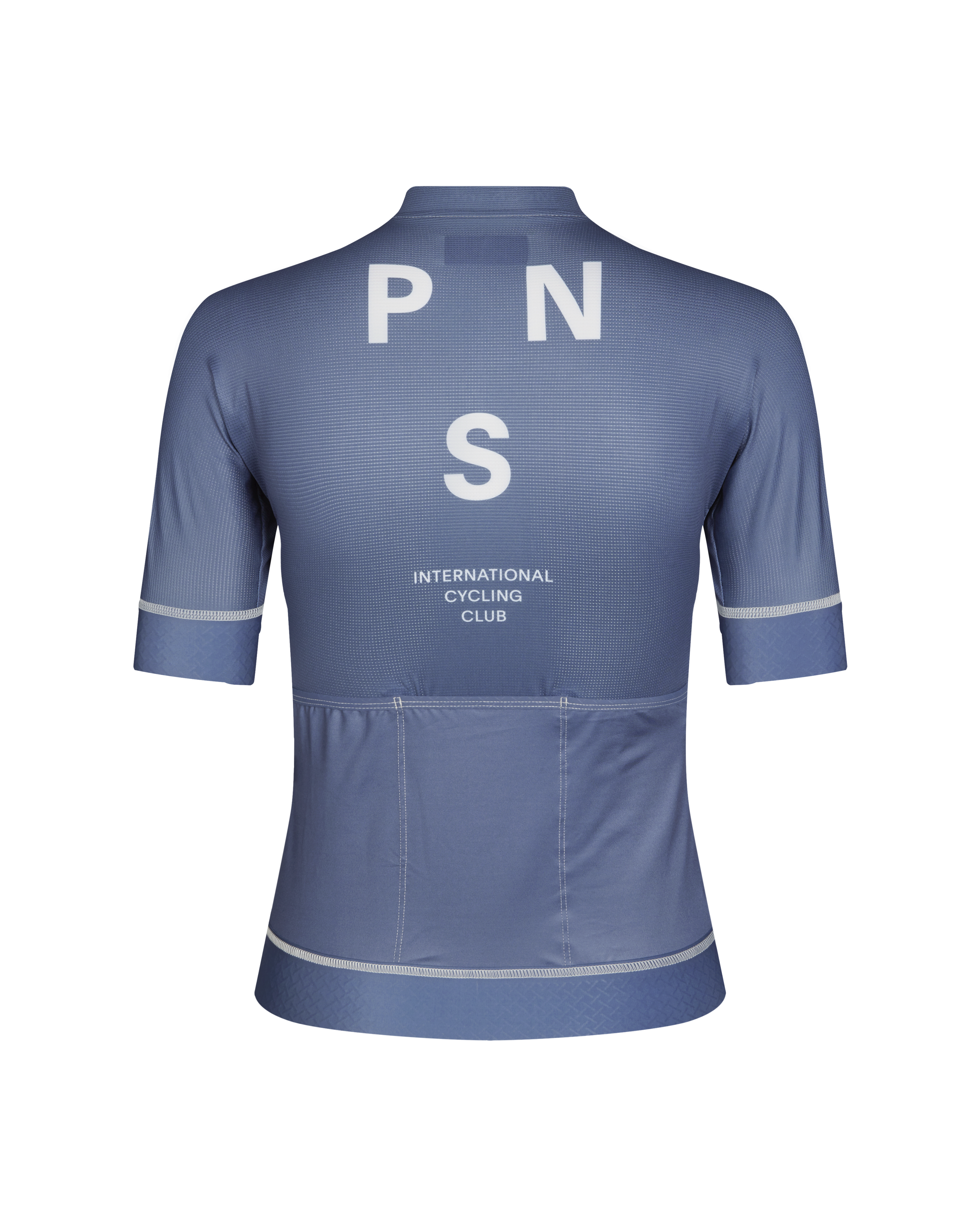 Light Indigo Mechanism cycling jersey, rear view with white PNS logo and International Cycling Club text
