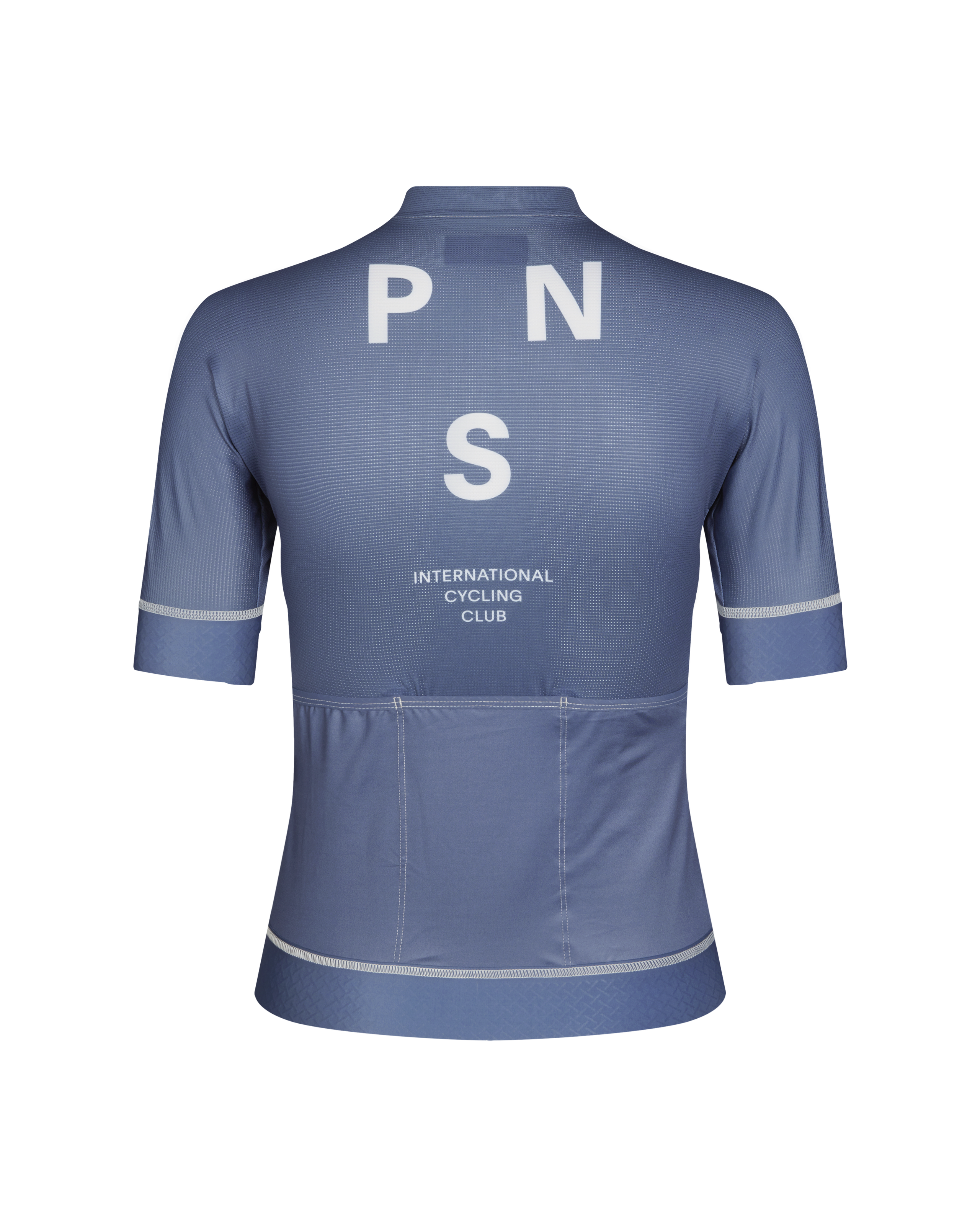 Light Indigo Mechanism cycling jersey, rear view with white PNS logo and International Cycling Club text