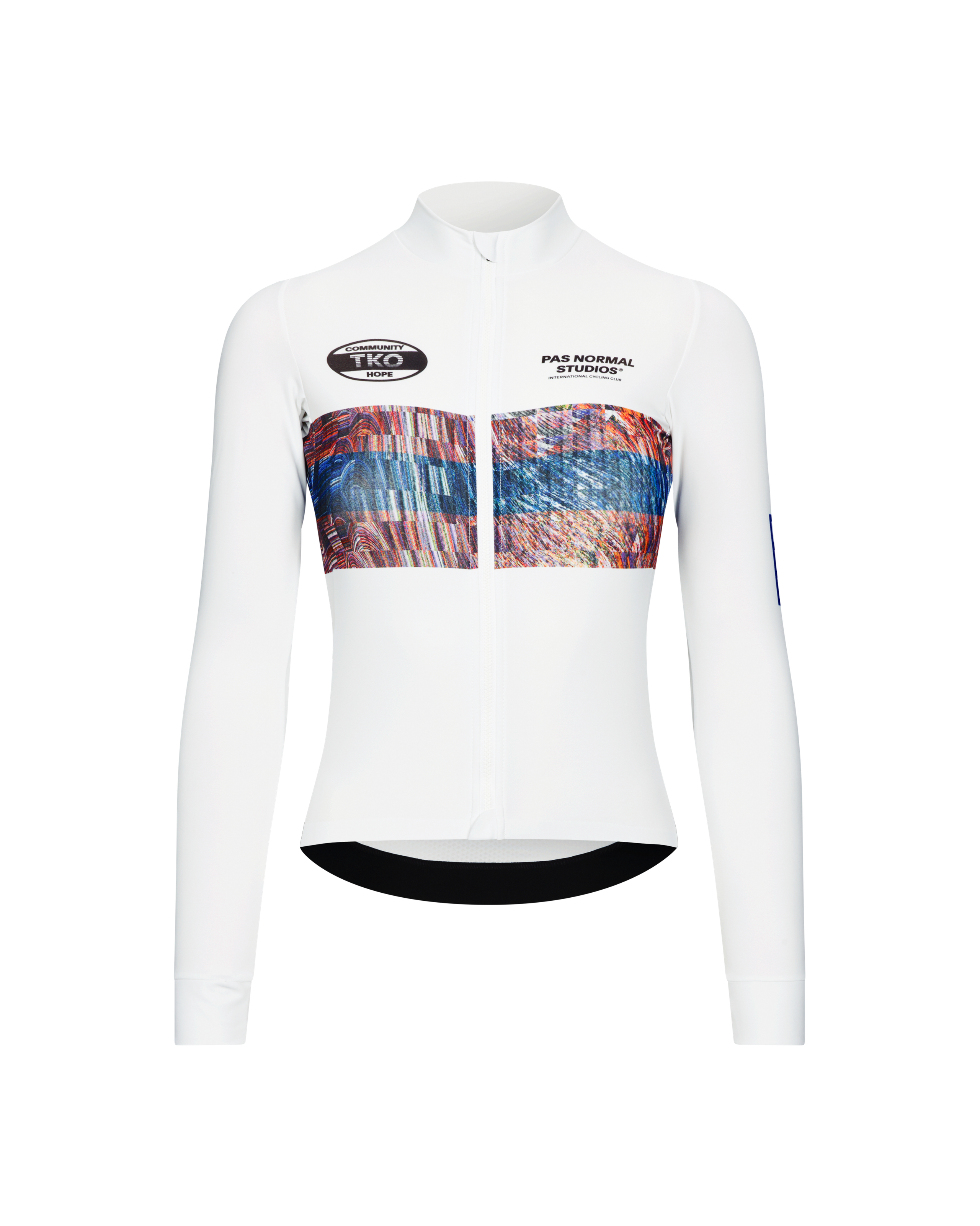 White T.K.O. Mechanism women's long sleeve cycling jersey, front flat lay with abstract chest panel print