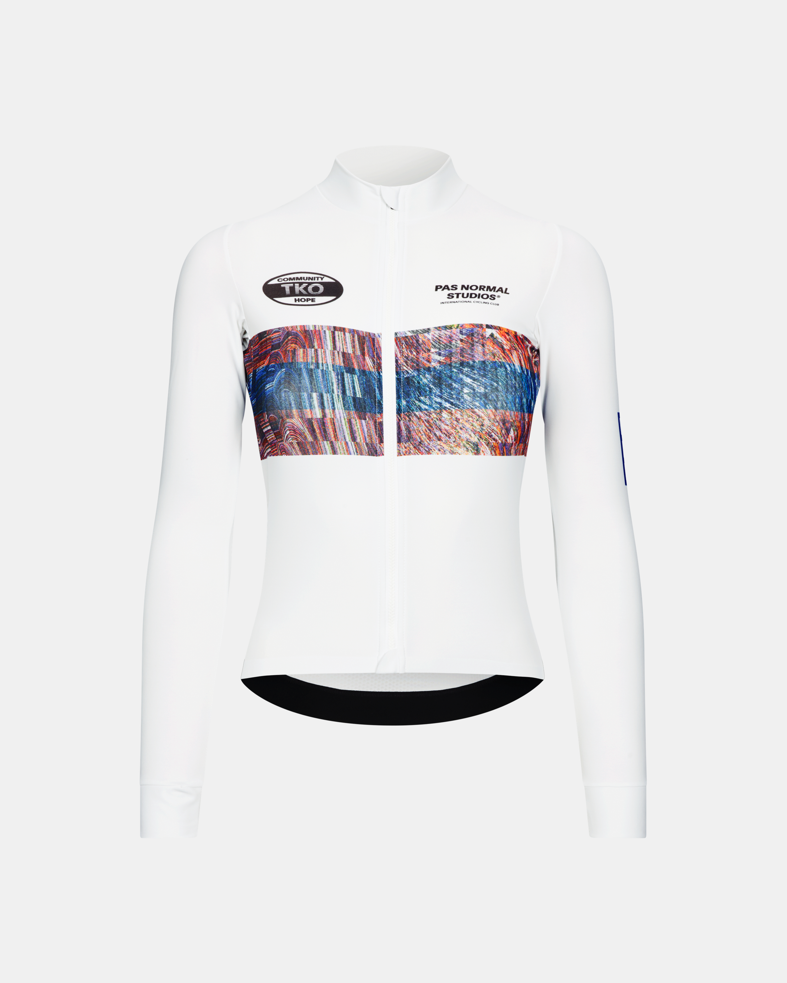 White T.K.O. Mechanism women's long sleeve cycling jersey, front flat lay with abstract chest panel print