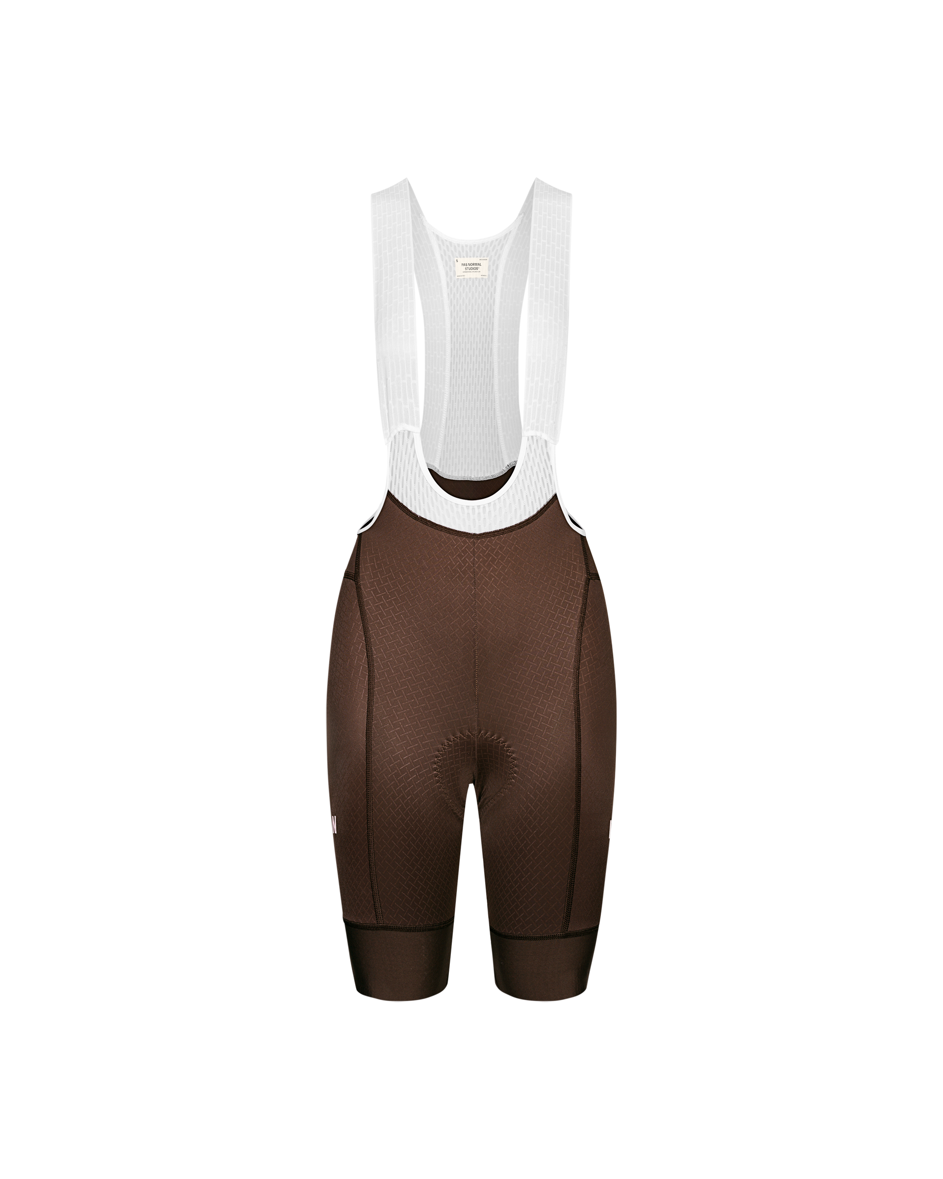 Light Brown Mechanism cycling bibs, front flat lay with white mesh straps