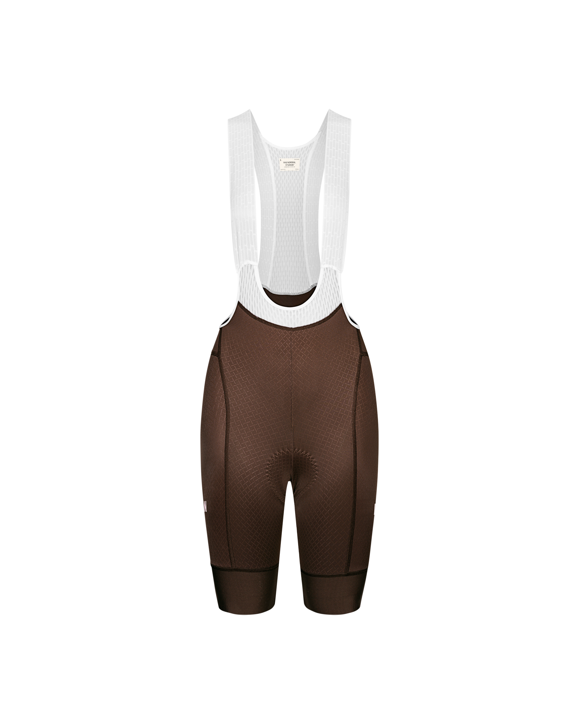 Light Brown Mechanism cycling bibs, front flat lay with white mesh straps