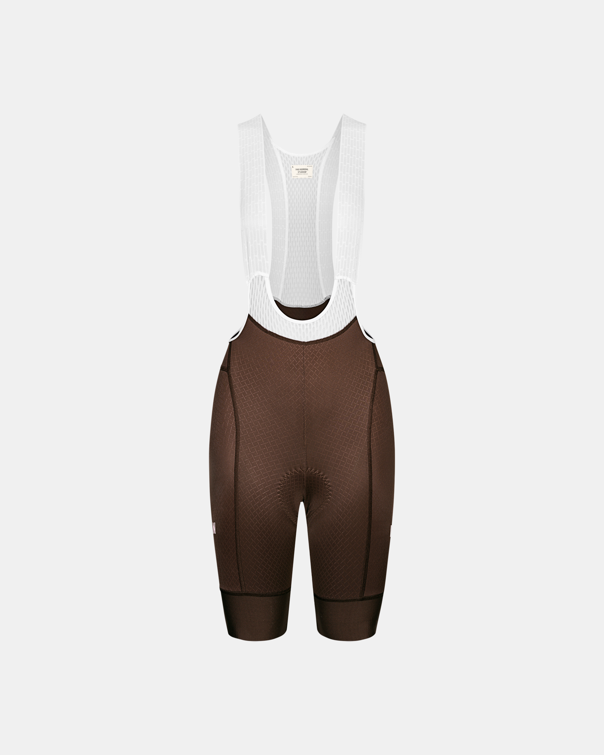 Light Brown Mechanism cycling bibs, front flat lay with white mesh straps