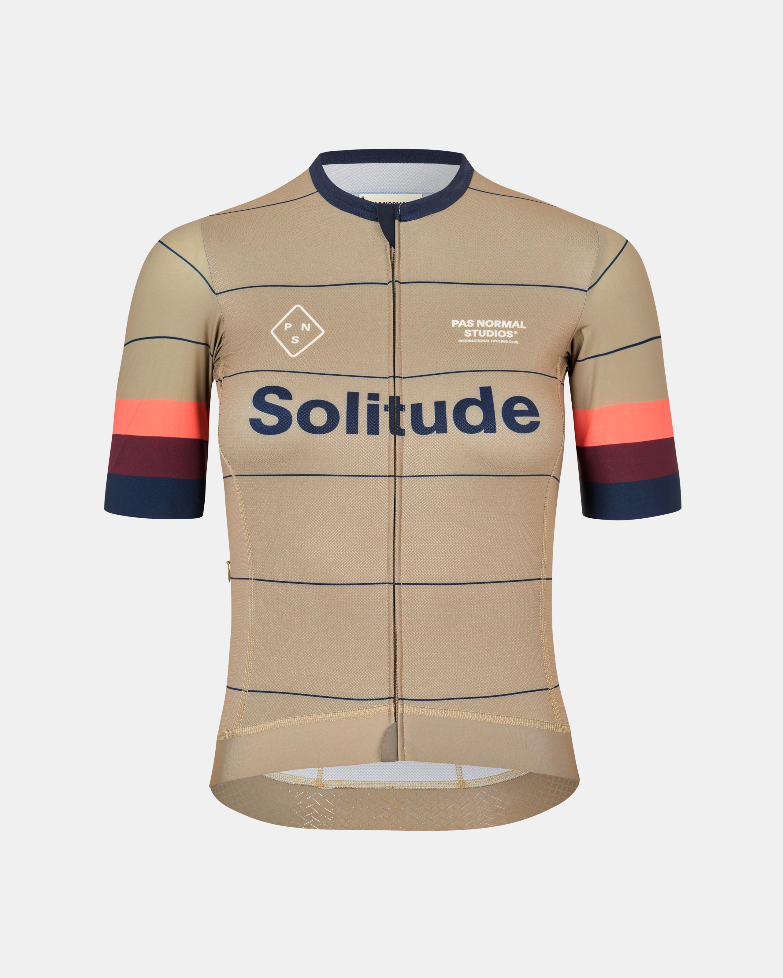 Beige Solitude cycling jersey, front view with coral and burgundy sleeve bands