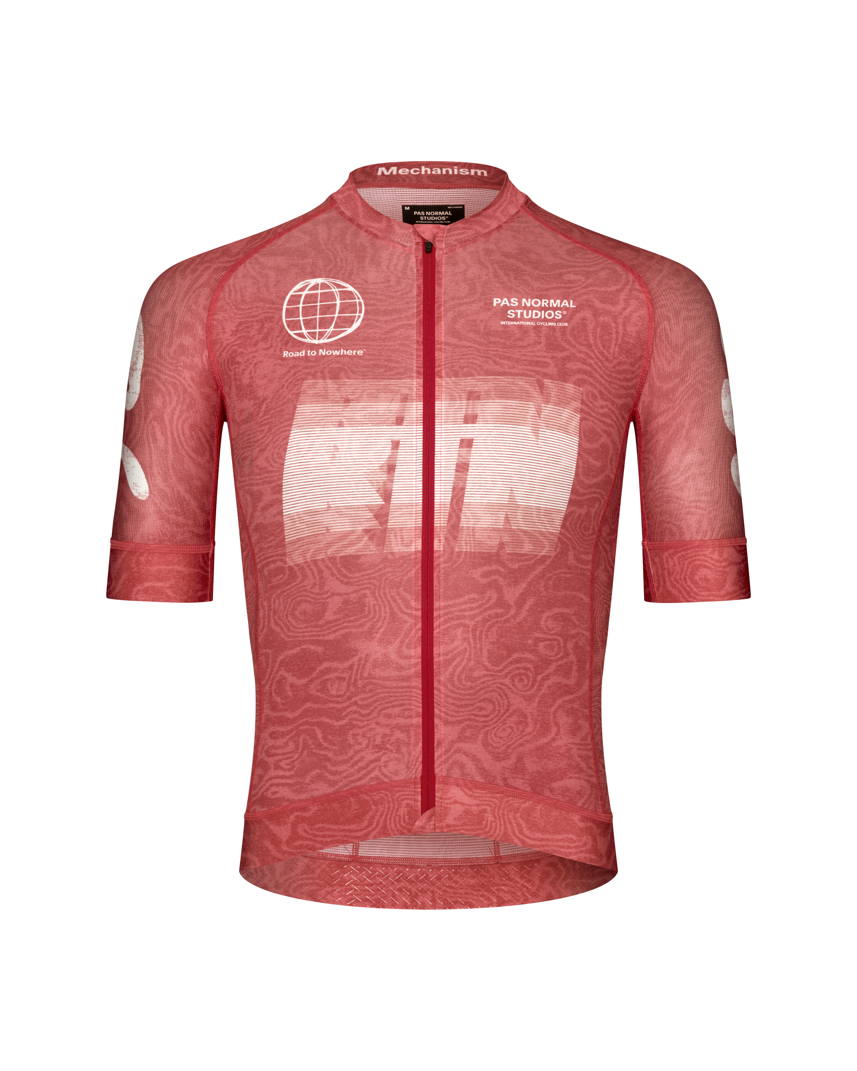 Red Mechanism Logo cycling jersey, front flat lay with topo print and white graphic chest print