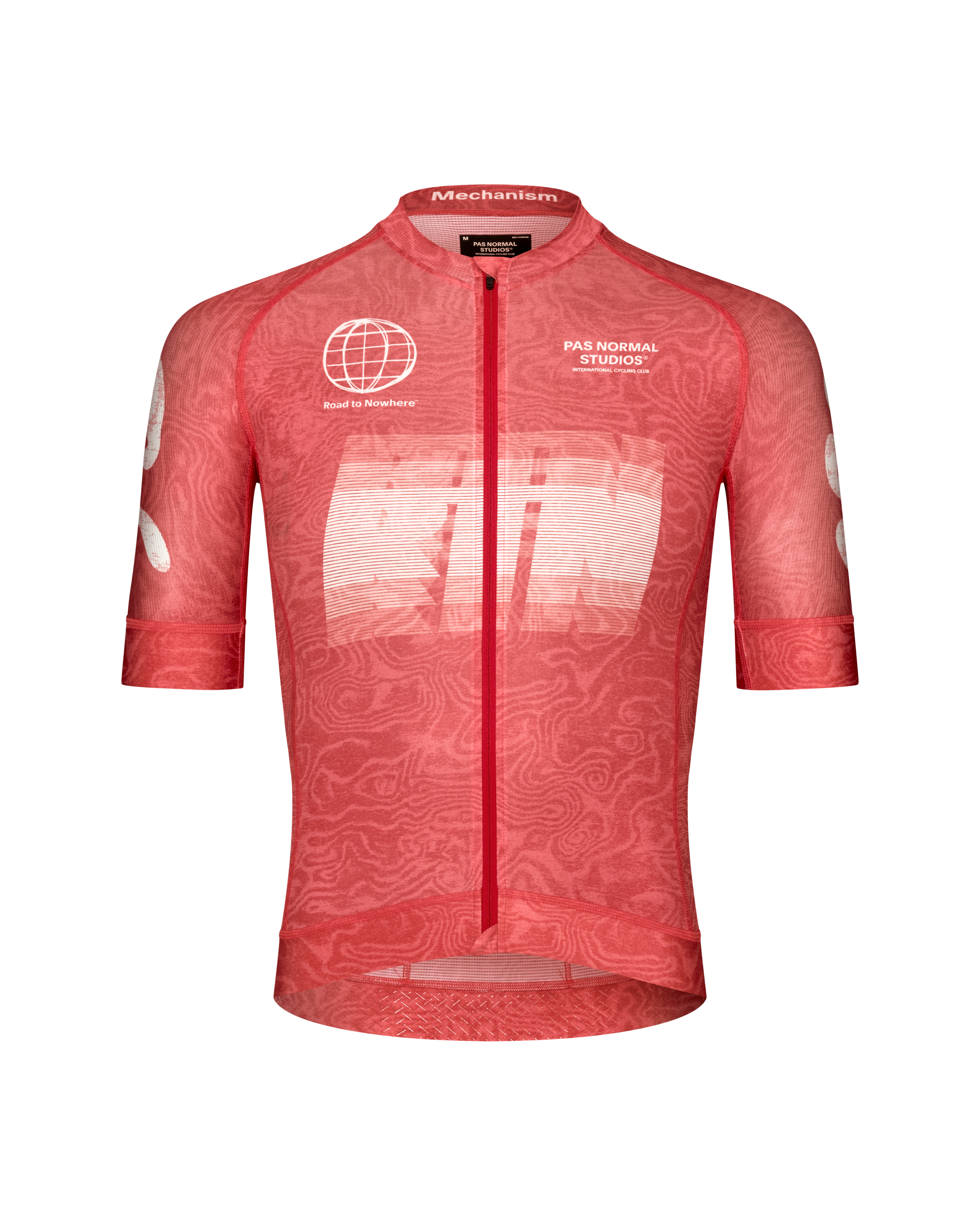 Red Mechanism Logo cycling jersey, front flat lay with topo print and white graphic chest print