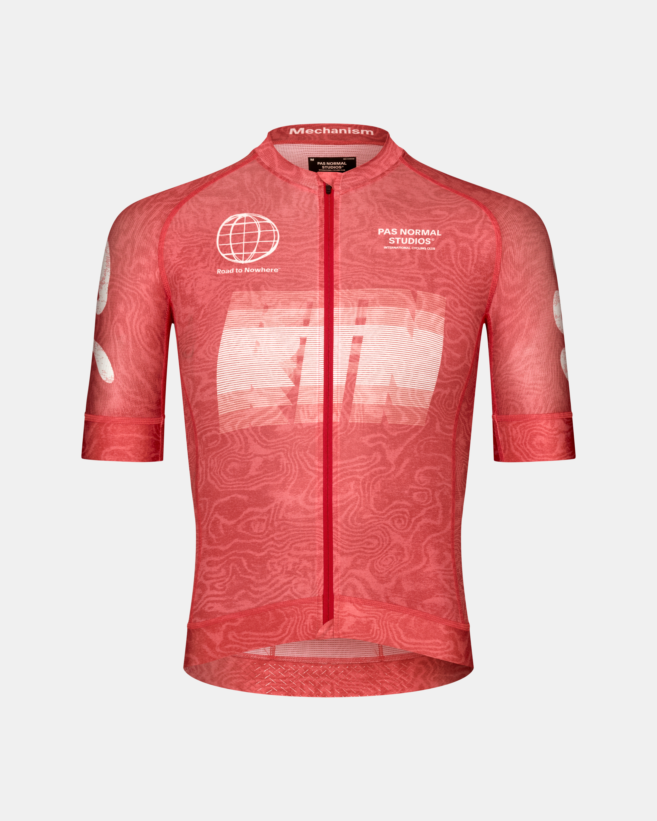 Red Mechanism Logo cycling jersey, front flat lay with topo print and white graphic chest print