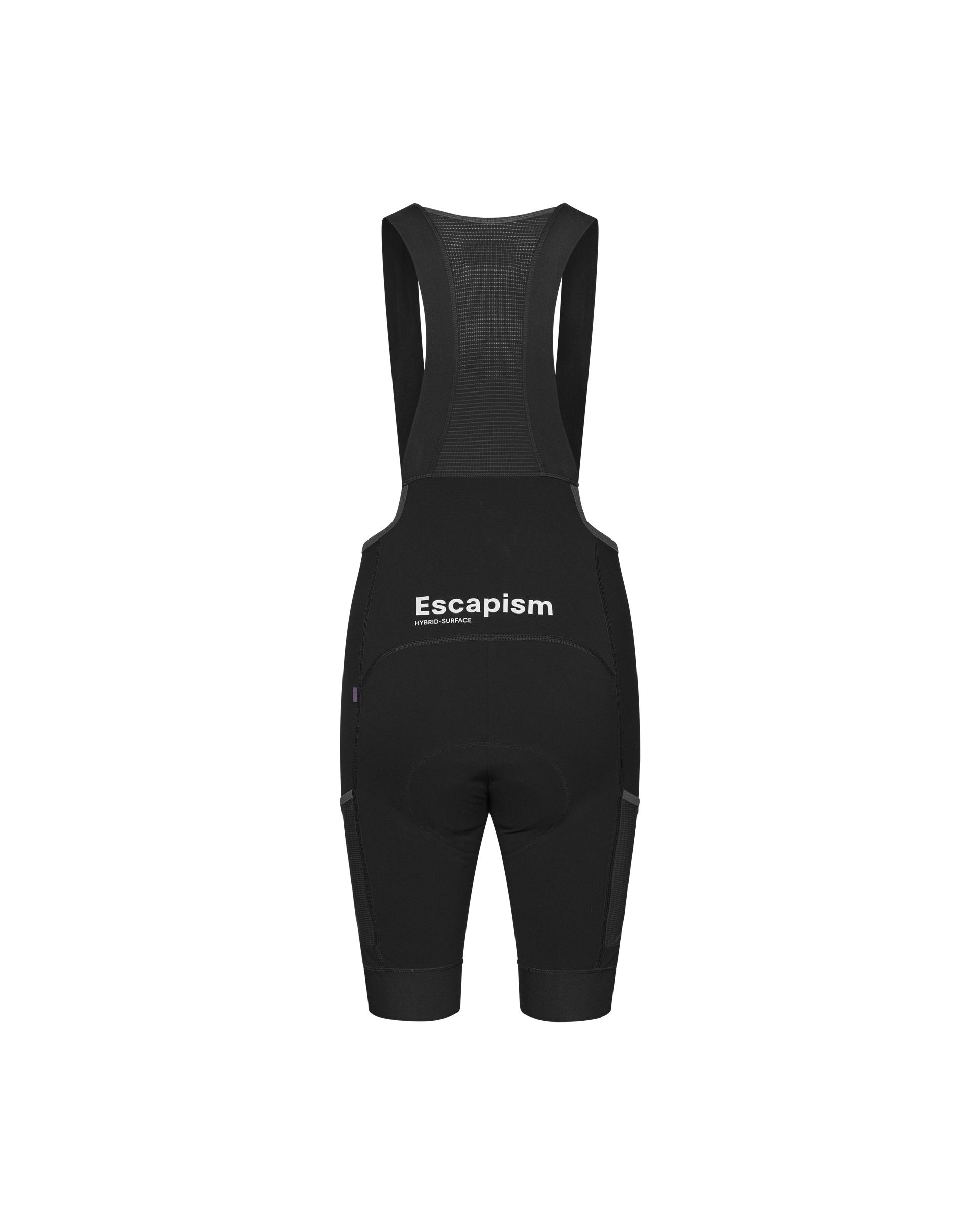 Black Escapism Cargo cycling bibs, rear flat lay with mesh back panel and white logo print