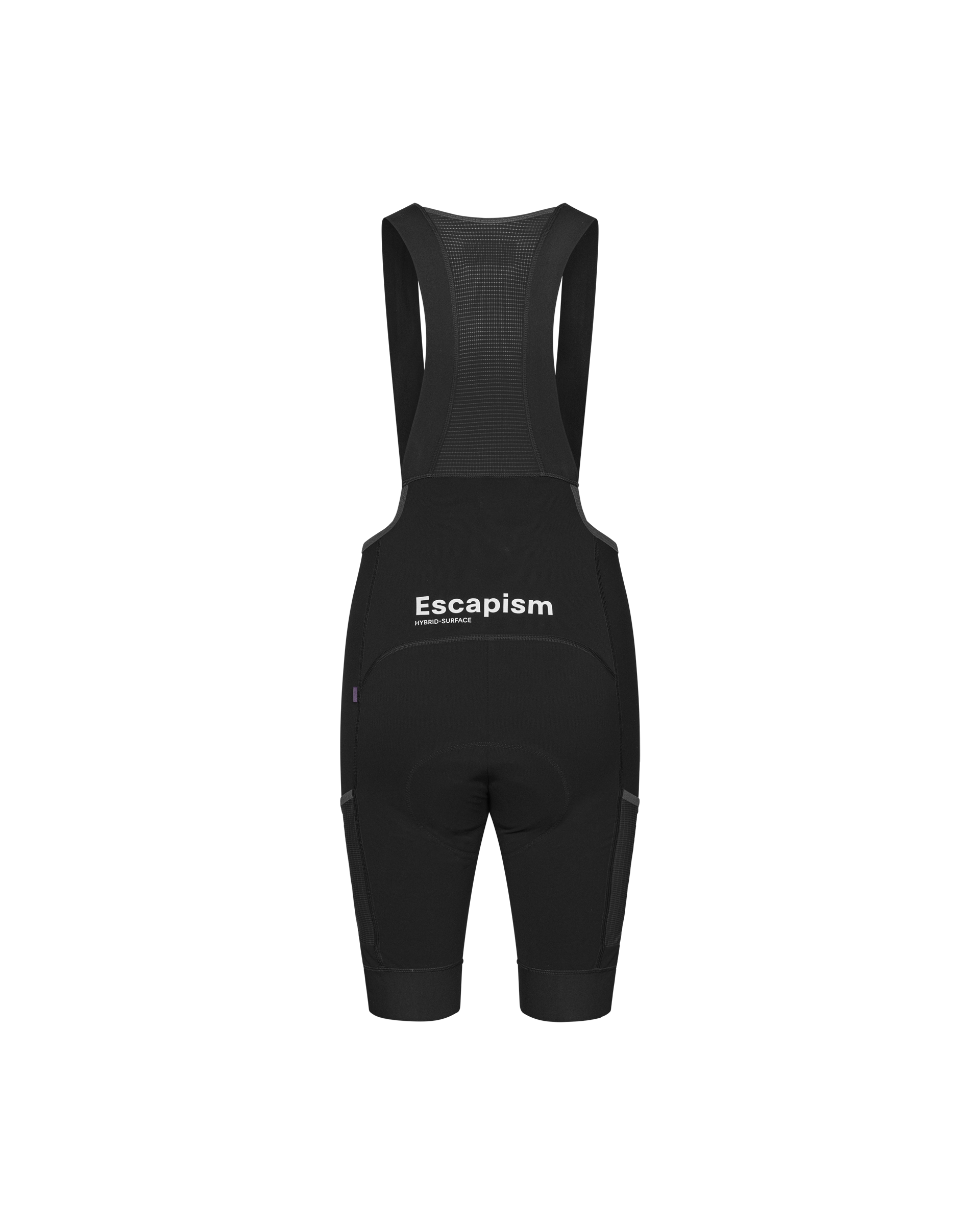 Black Escapism Cargo cycling bibs, rear flat lay with mesh back panel and white logo print