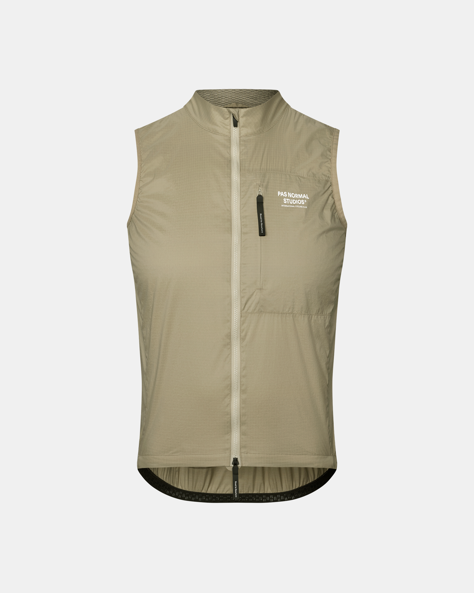 Grey Sage Essential Insulated cycling gilet, front flat lay with full zip and chest logo print