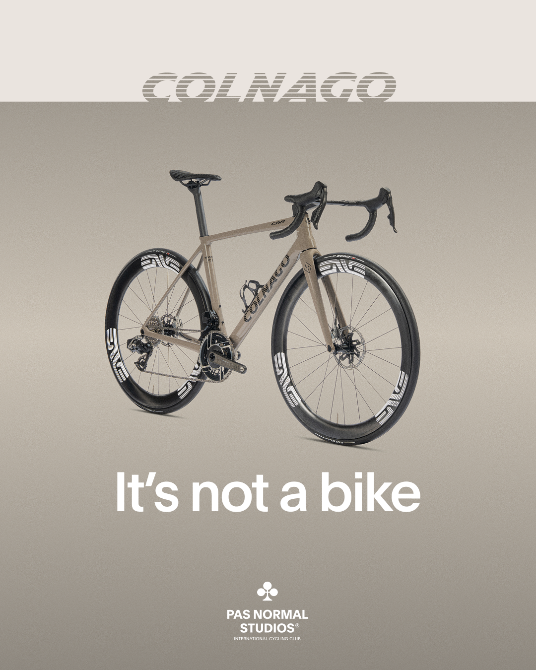 Colnago road bike in beige with black components and branded wheels on neutral background