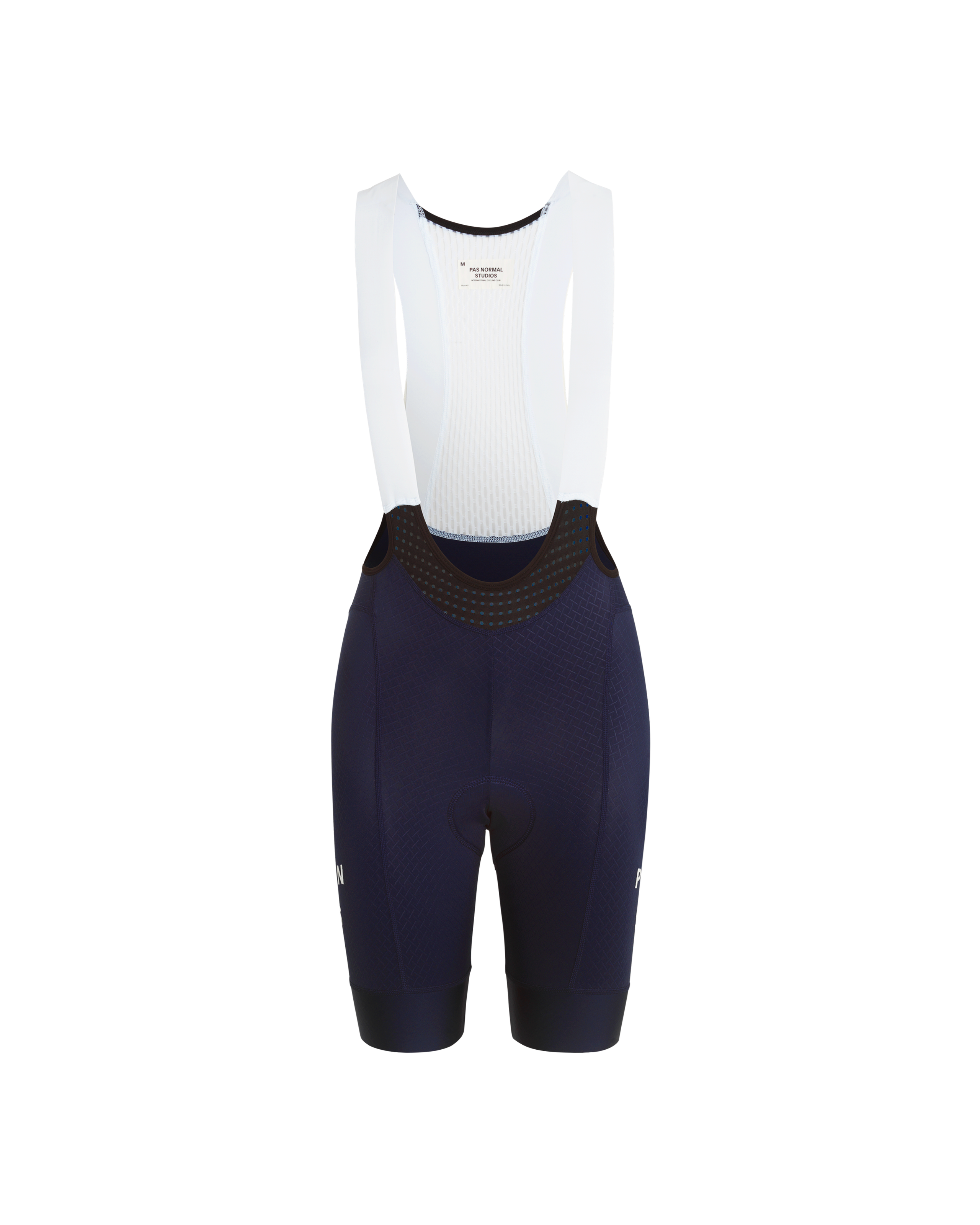 Navy Mechanism cycling bibs, front flat lay with white mesh base layer