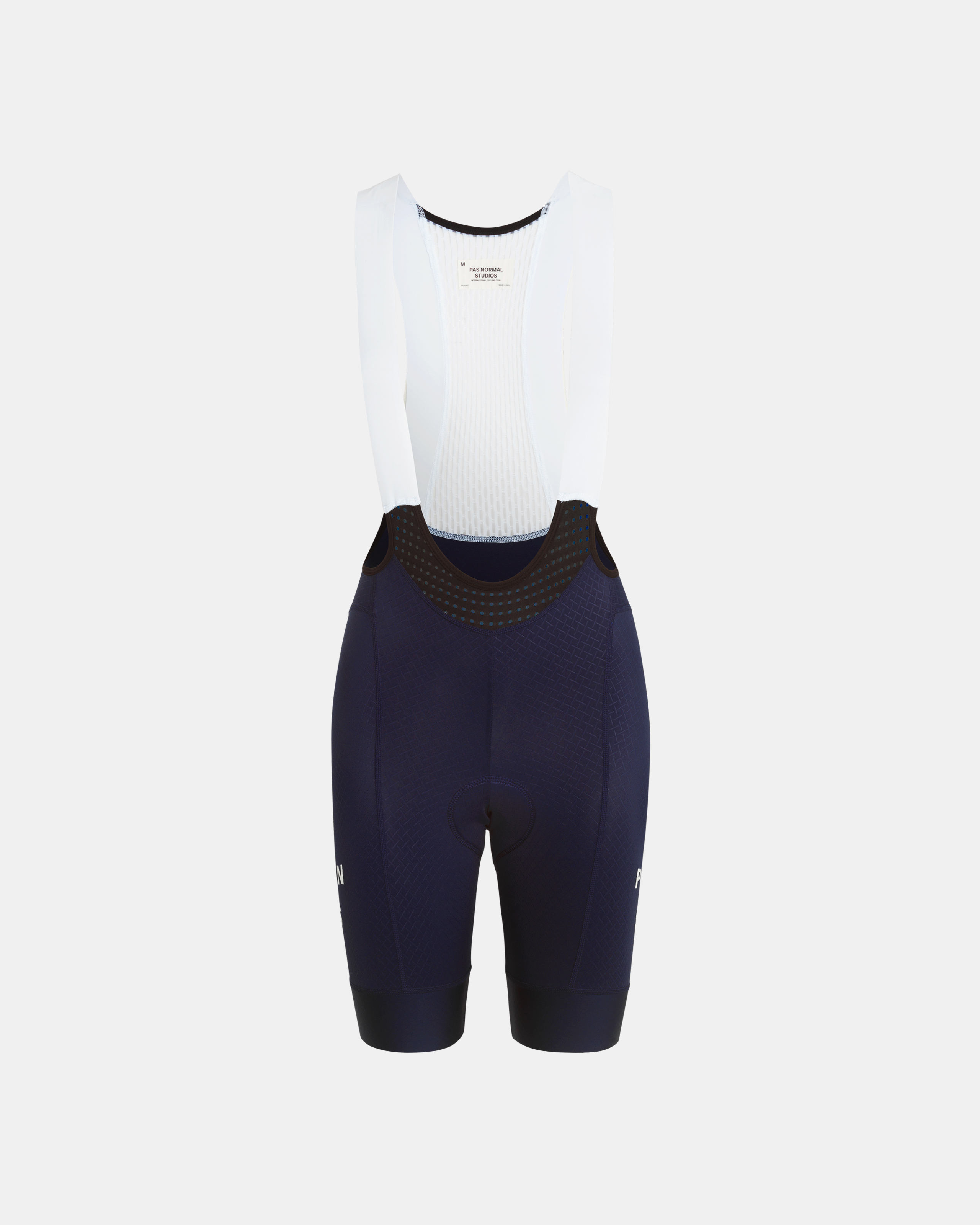Navy Mechanism cycling bibs, front flat lay with white mesh base layer