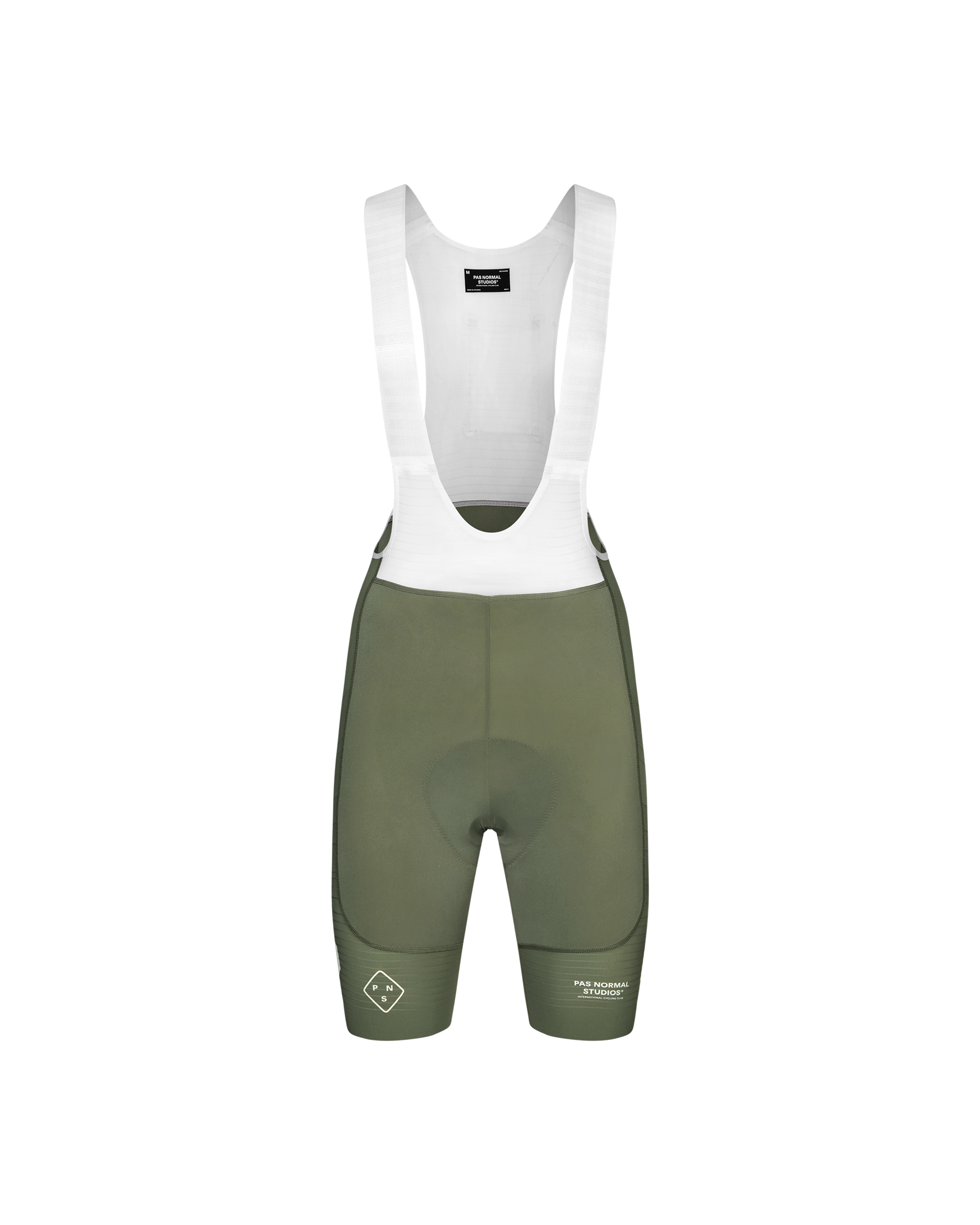 Grey PAS Mechanism Pro cycling bibs, front flat lay with white bib straps and contrast side panels