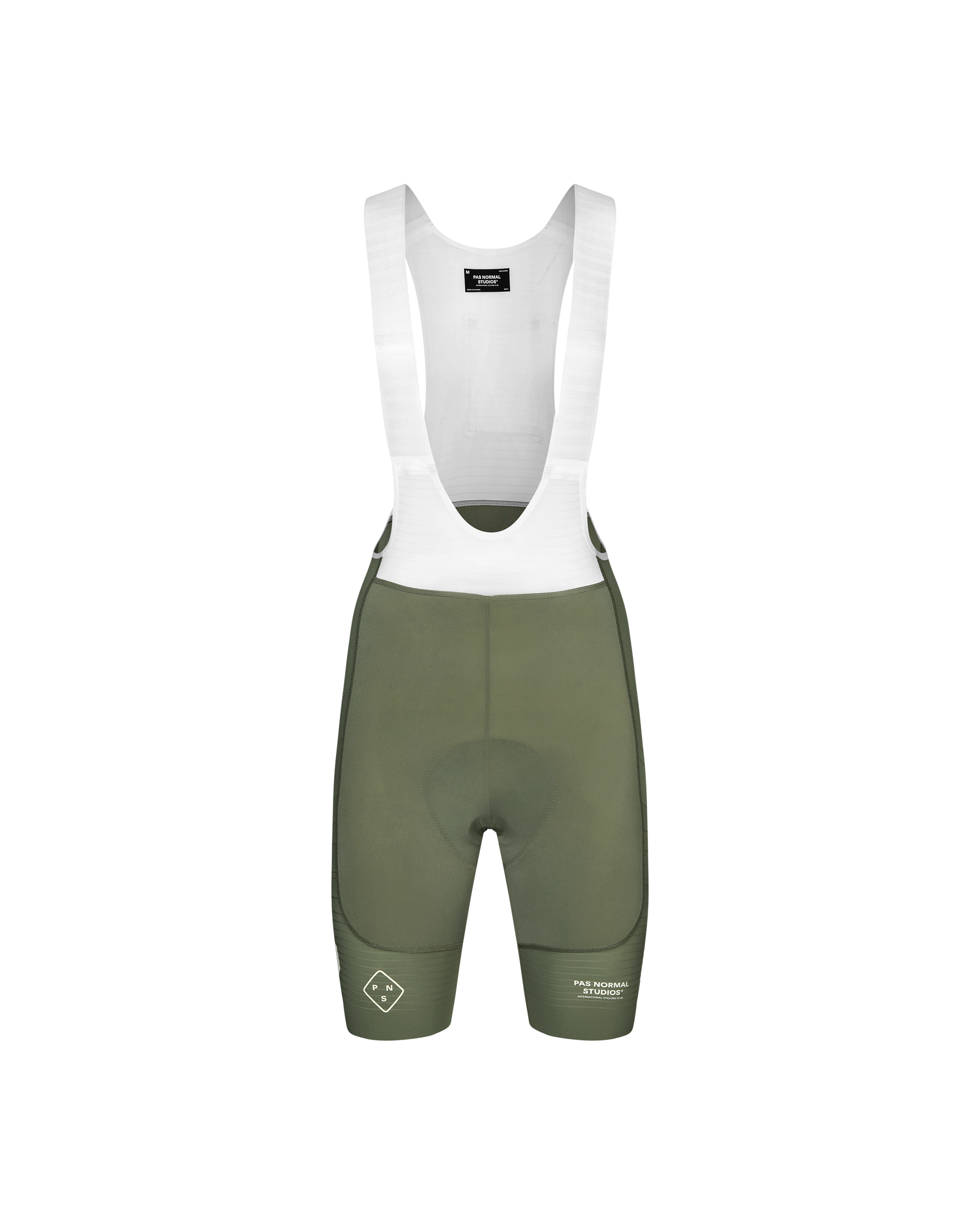 Grey PAS Mechanism Pro cycling bibs, front flat lay with white bib straps and contrast side panels