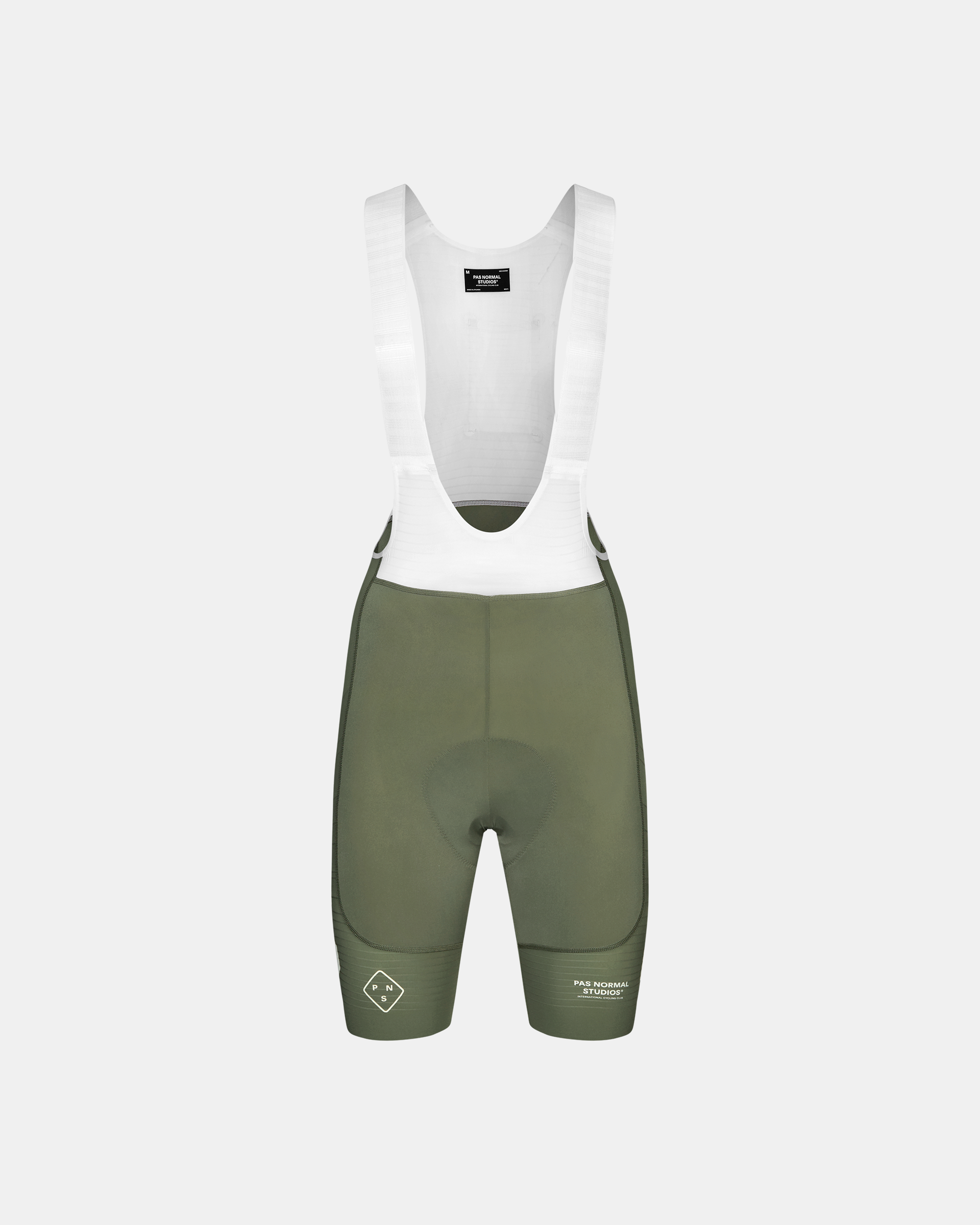 Grey PAS Mechanism Pro cycling bibs, front flat lay with white bib straps and contrast side panels