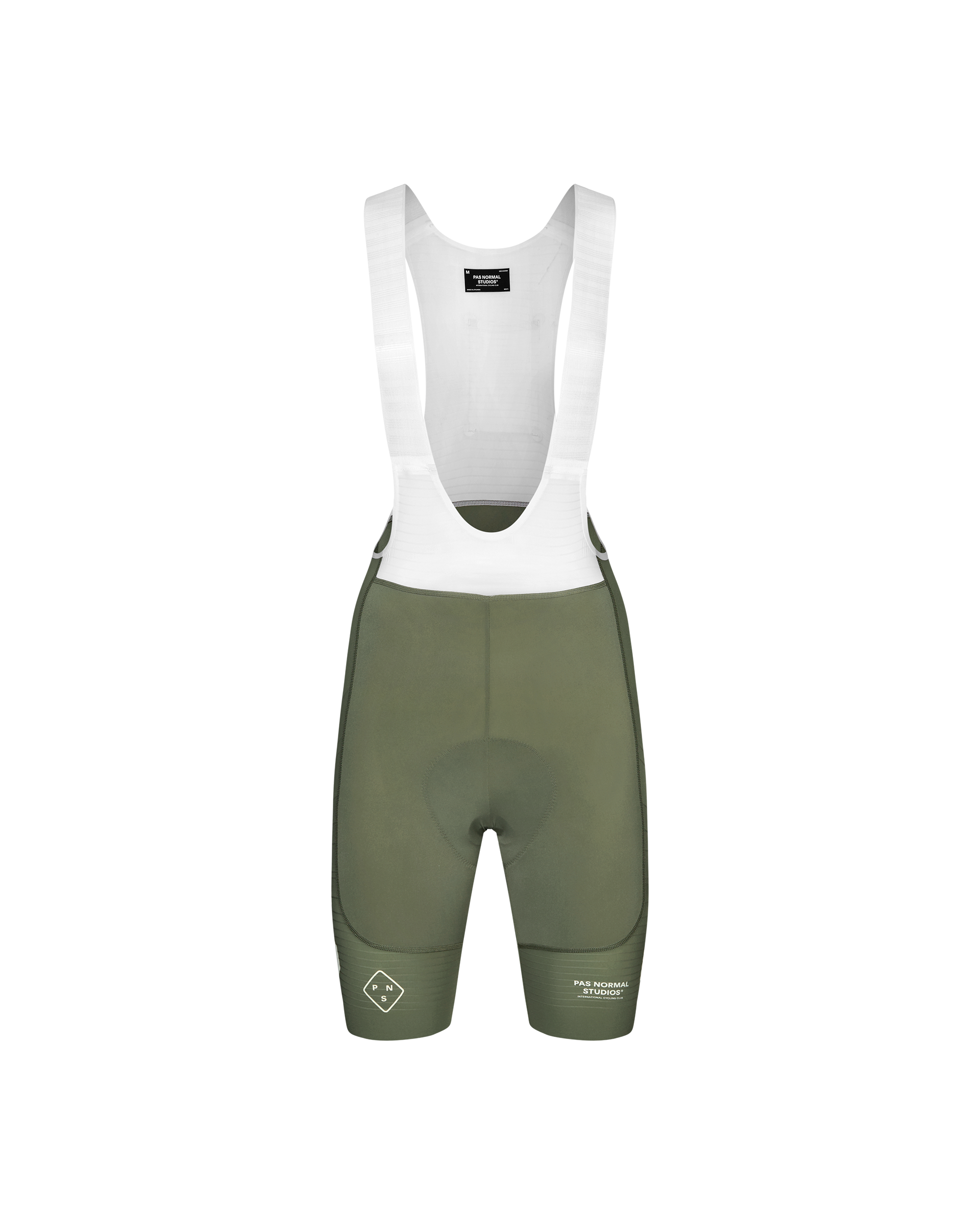 Grey PAS Mechanism Pro cycling bibs, front flat lay with white bib straps and contrast side panels