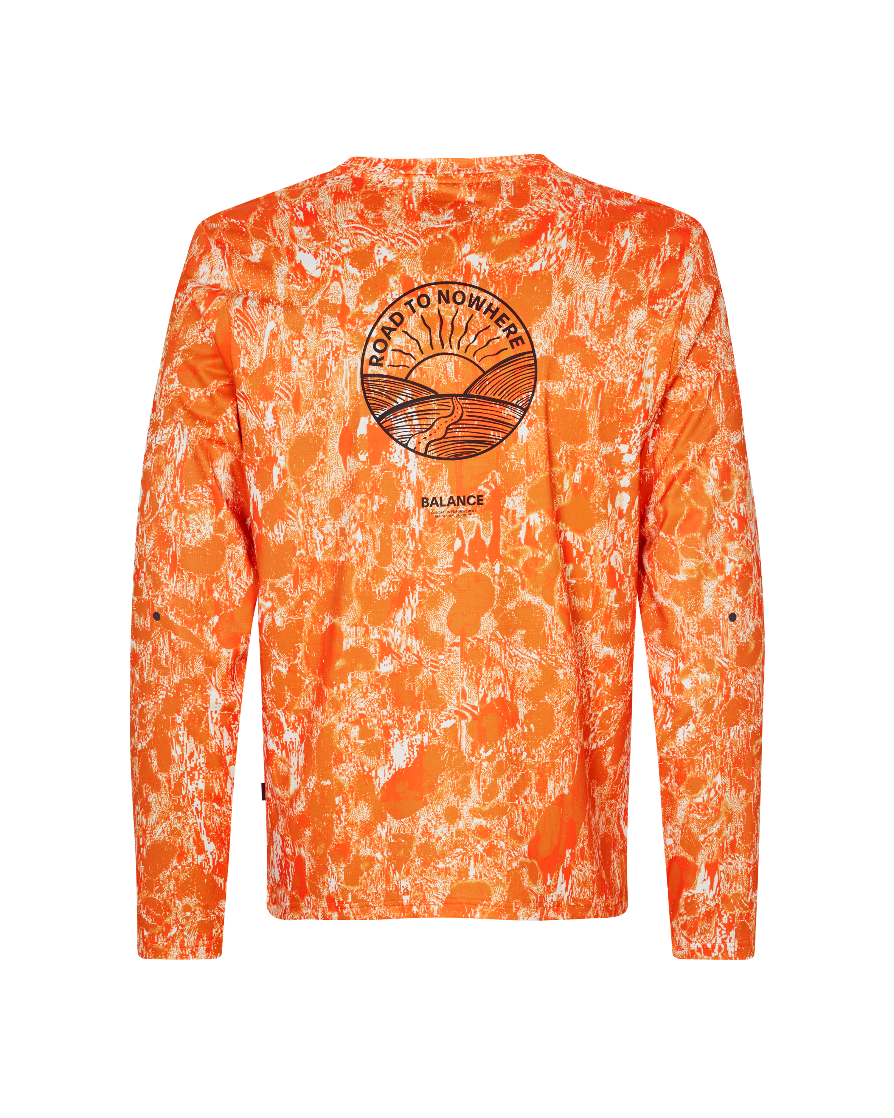 Orange Balance long sleeve t-shirt, rear flat lay with Road to Nowhere sun graphic and white textured print