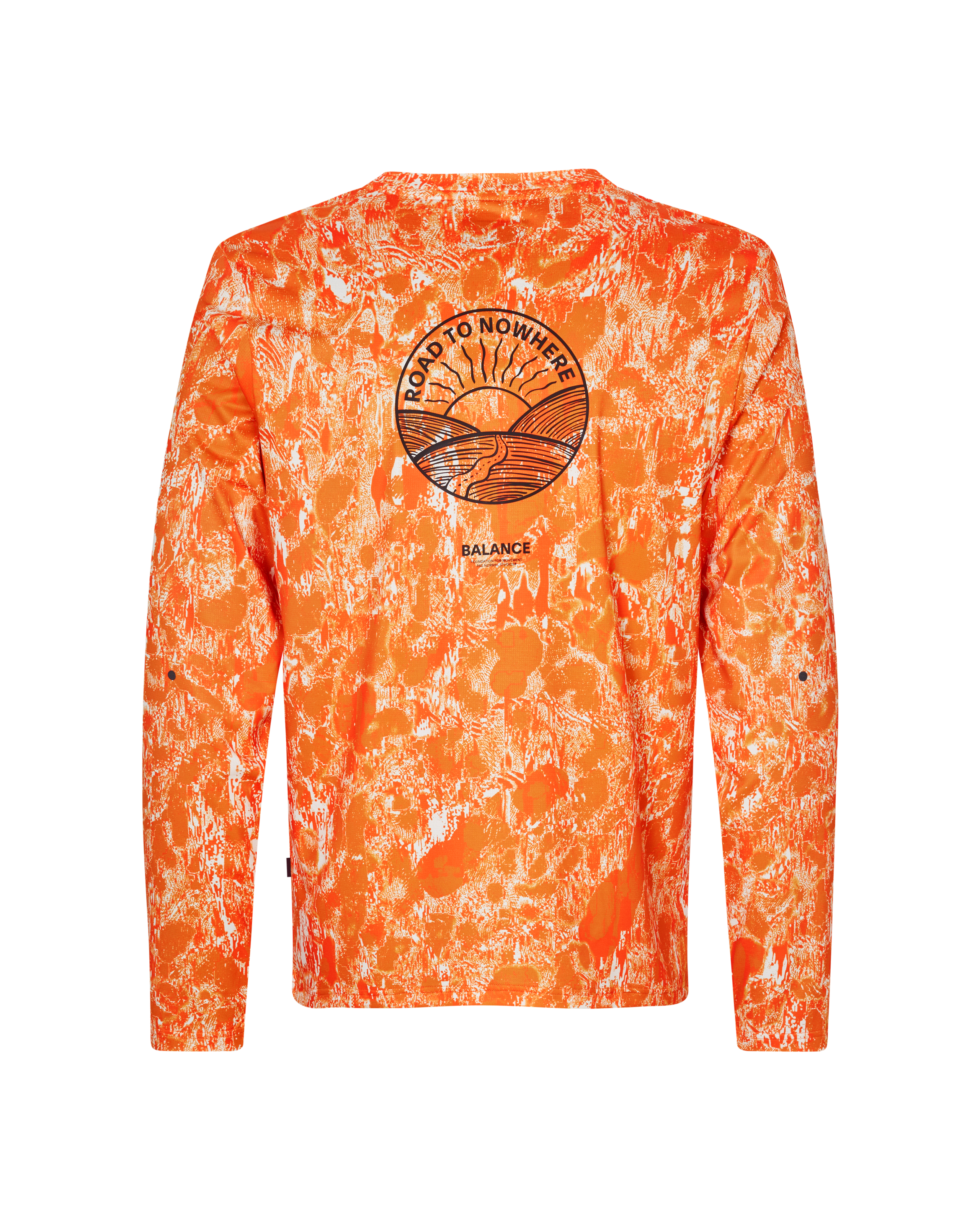 Orange Balance long sleeve t-shirt, rear flat lay with Road to Nowhere sun graphic and white textured print